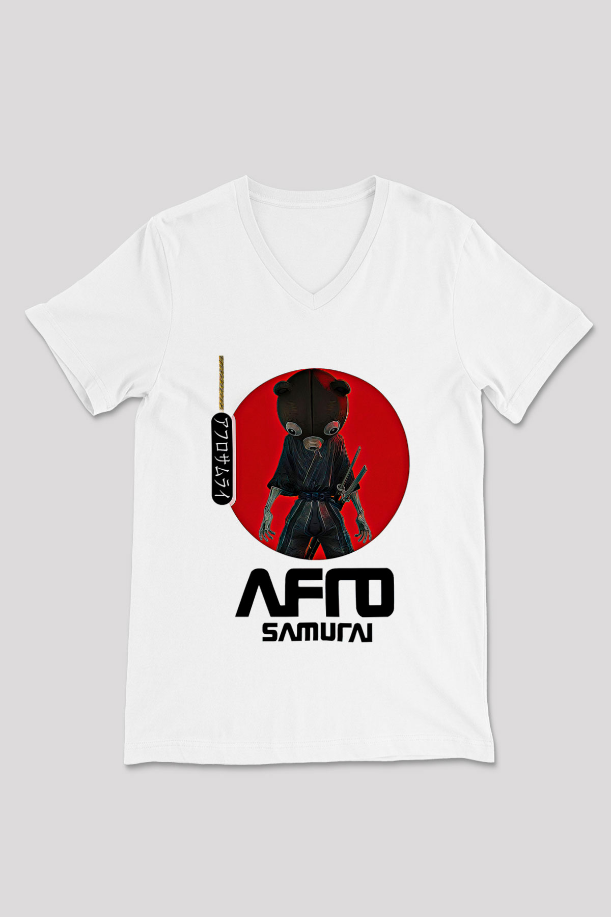 Afro Samurai Baskılı Beyaz Unisex V Yaka Tişört - Tshirt