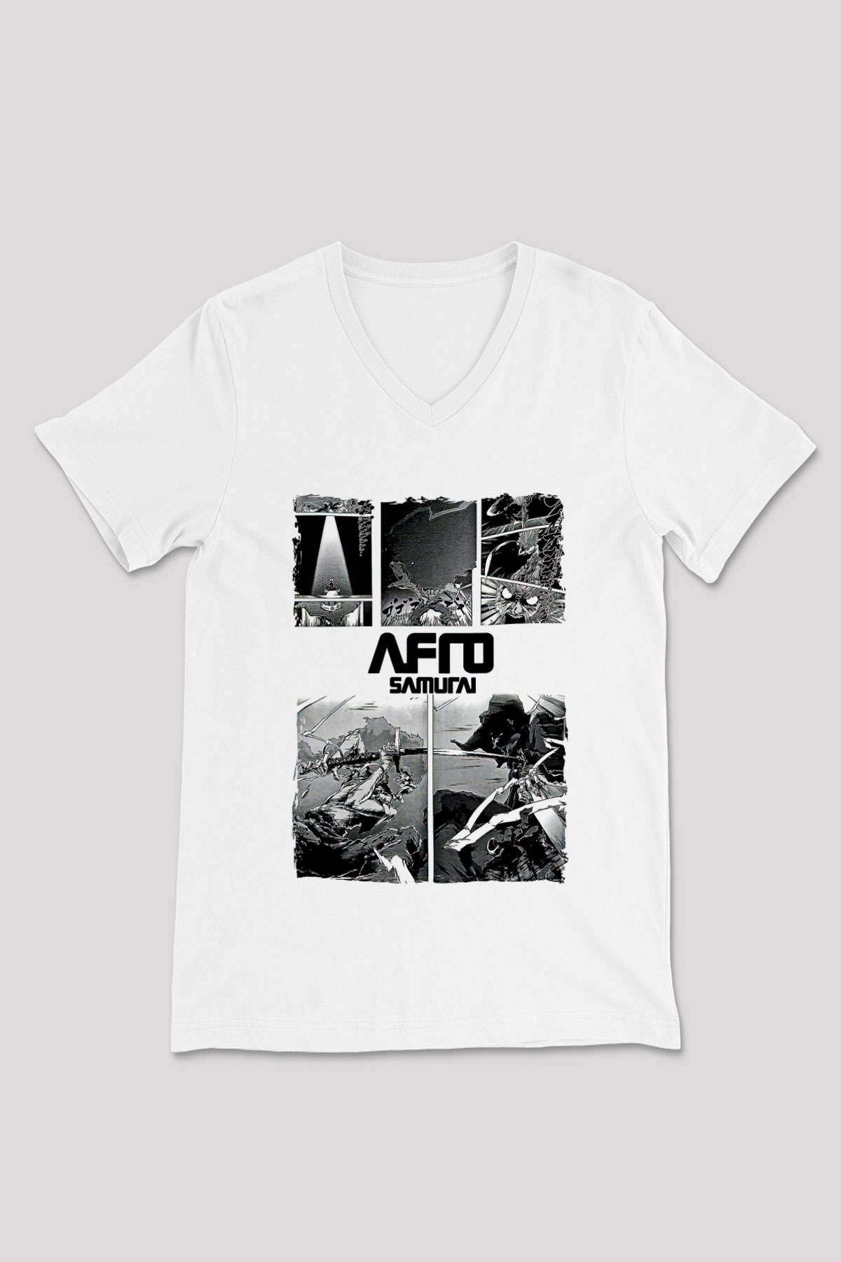 Afro Samurai Baskılı Beyaz Unisex V Yaka Tişört - Tshirt