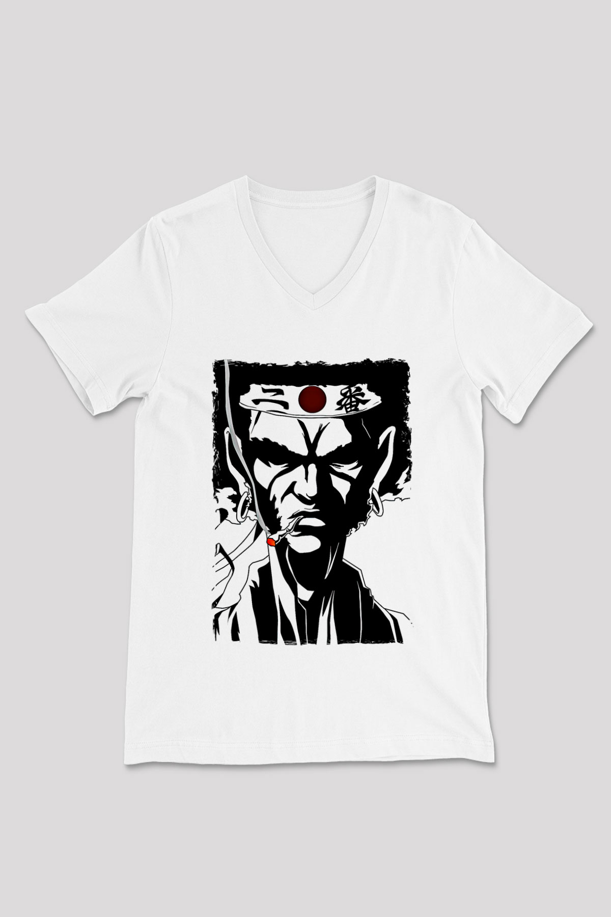 Afro Samurai Baskılı Beyaz Unisex V Yaka Tişört - Tshirt