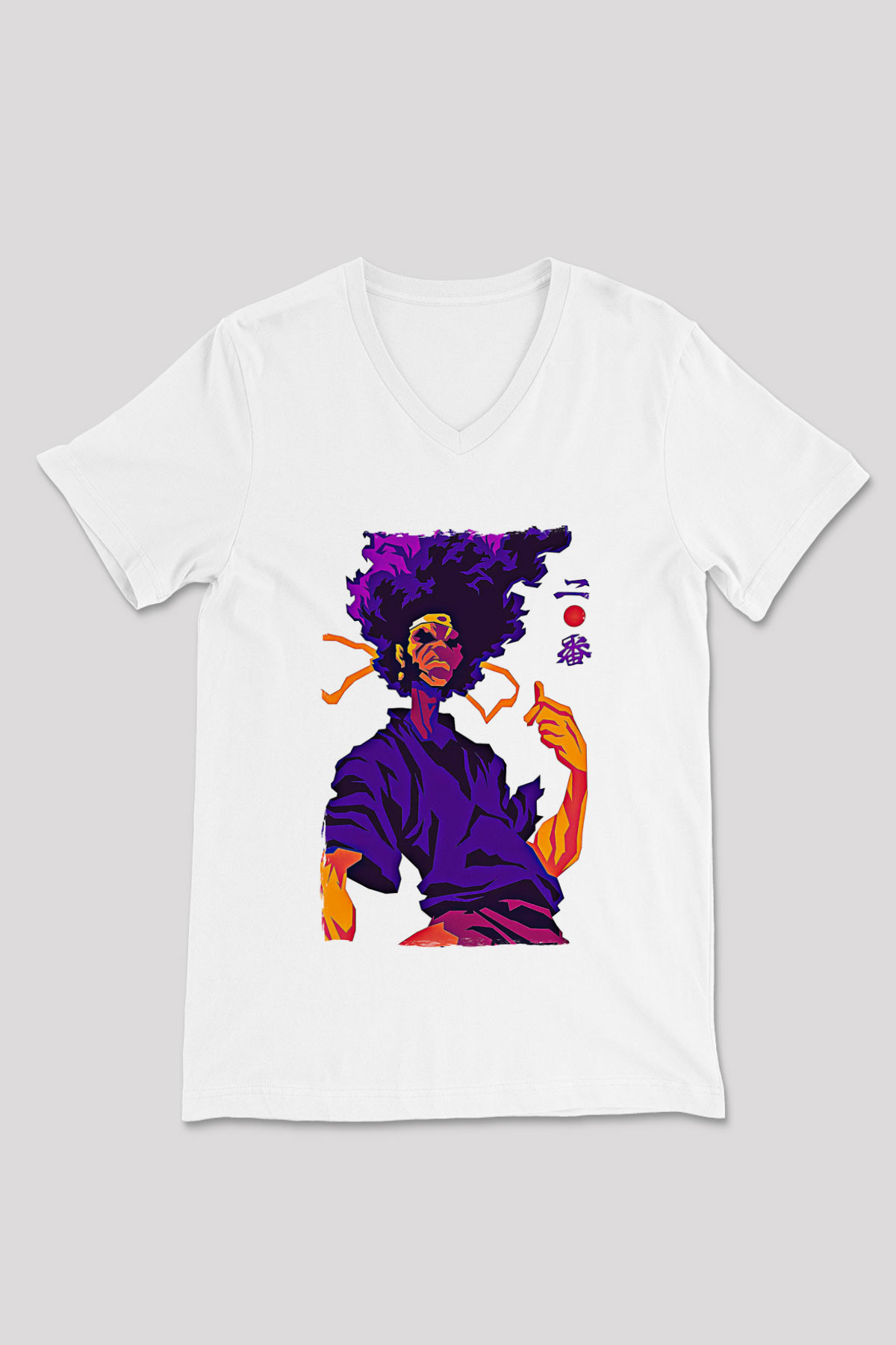 Afro Samurai Baskılı Beyaz Unisex V Yaka Tişört - Tshirt
