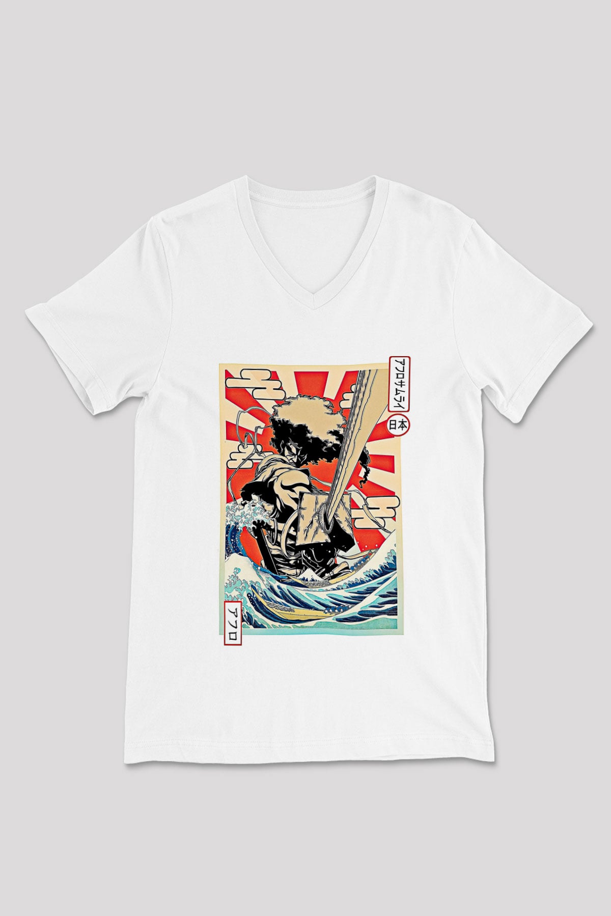 Afro Samurai Baskılı Beyaz Unisex V Yaka Tişört - Tshirt