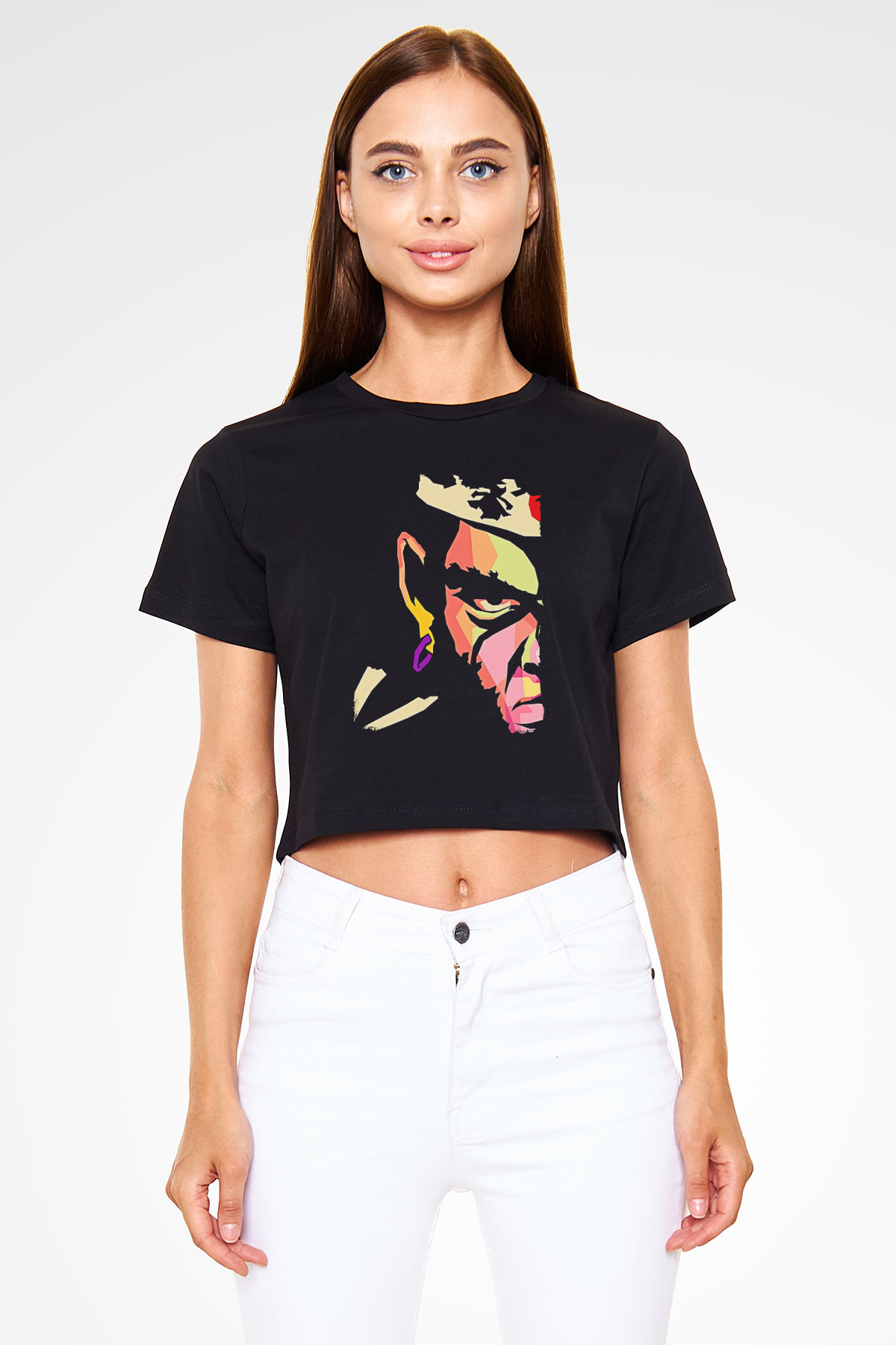 Afro Samurai Baskılı Siyah Crop Top Kadın Tişört - Tshirt