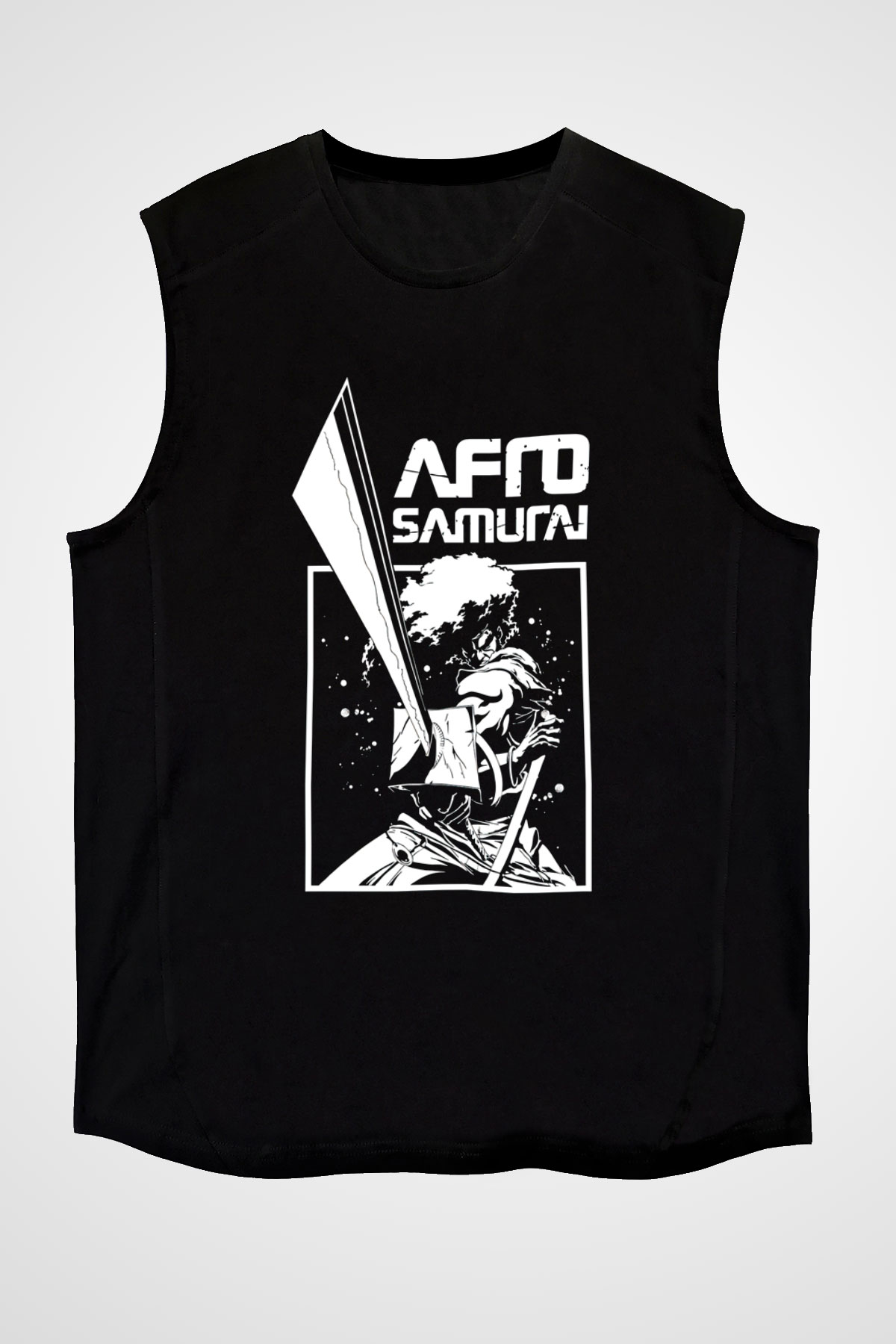 Afro Samurai Baskılı Unisex Siyah Kolsuz Tişört - Tshirt