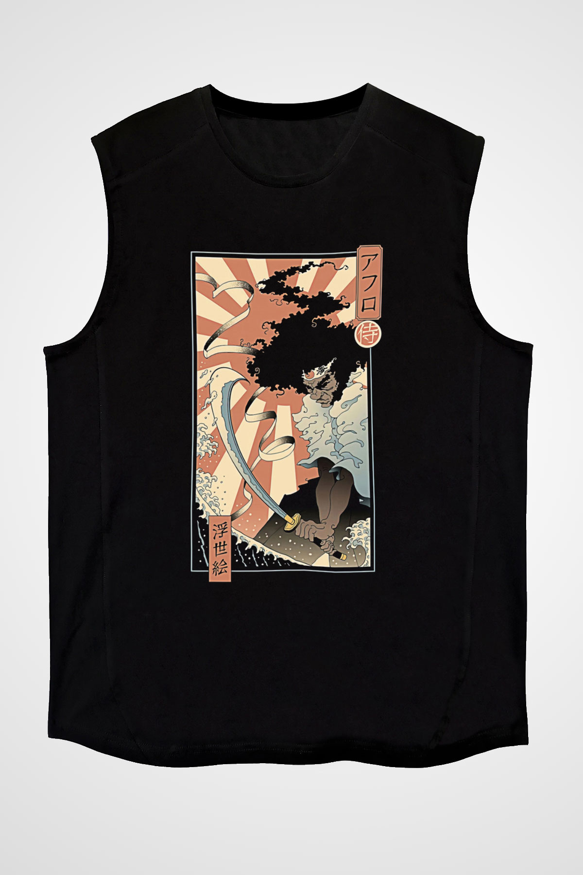 Afro Samurai Baskılı Unisex Siyah Kolsuz Tişört - Tshirt