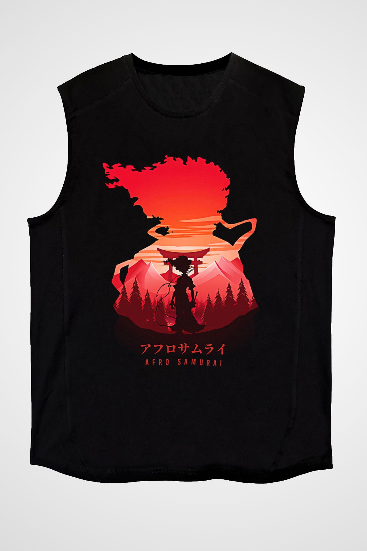 Afro Samurai Baskılı Unisex Siyah Kolsuz Tişört - Tshirt