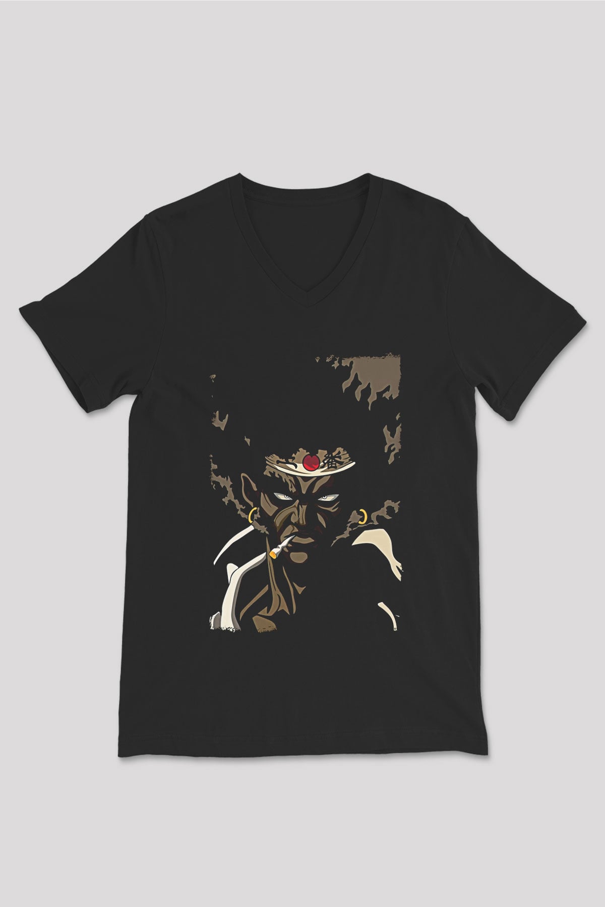 Afro Samurai Baskılı Unisex Siyah V Yaka Tişört - Tshirt