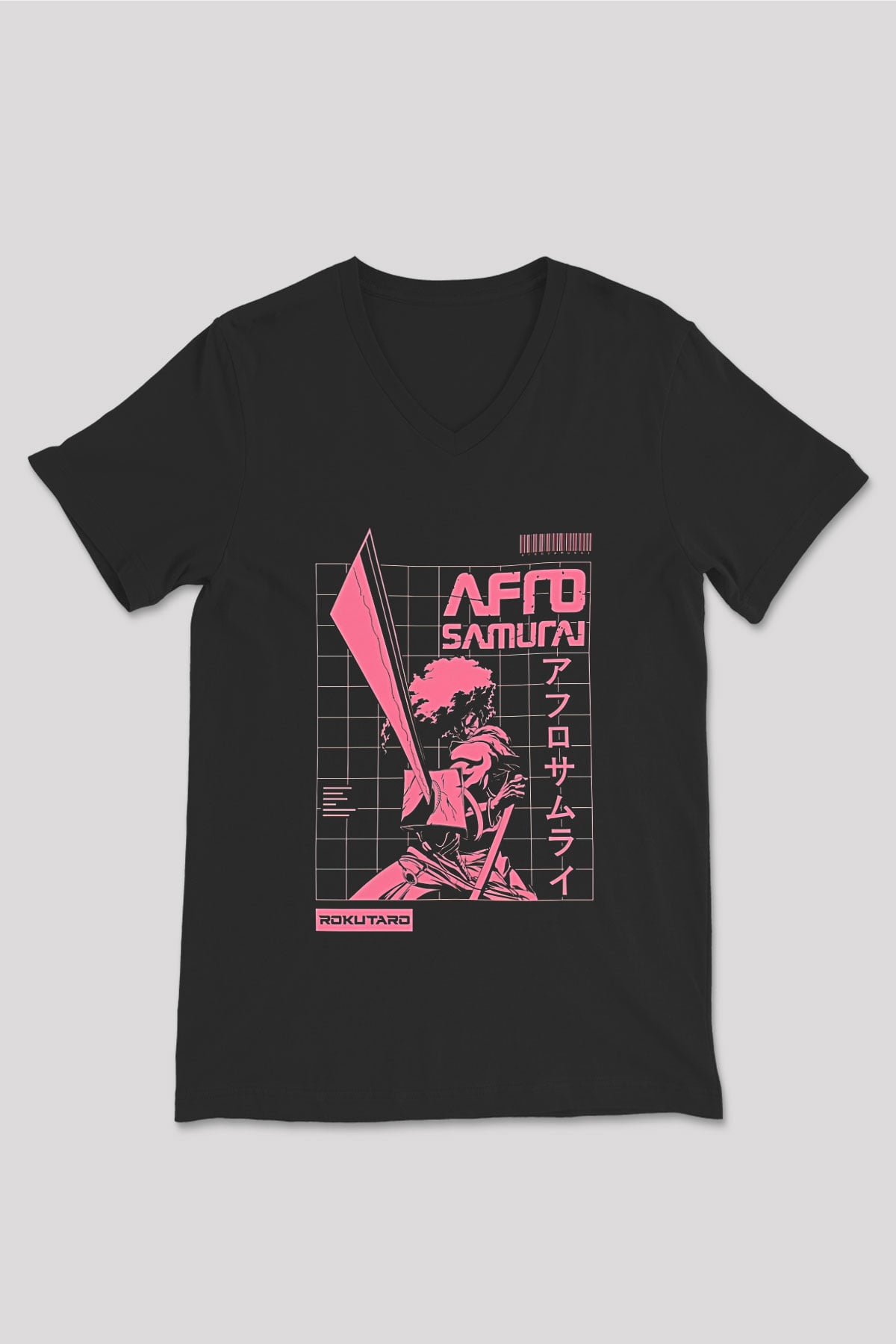 Afro Samurai Baskılı Unisex Siyah V Yaka Tişört - Tshirt