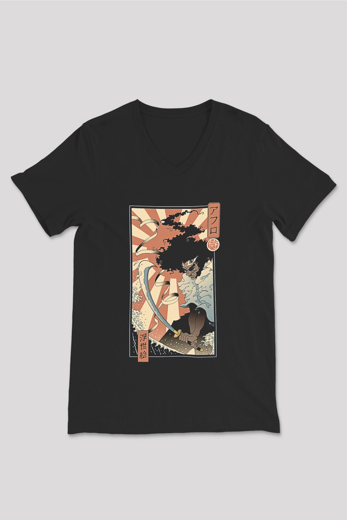 Afro Samurai Baskılı Unisex Siyah V Yaka Tişört - Tshirt