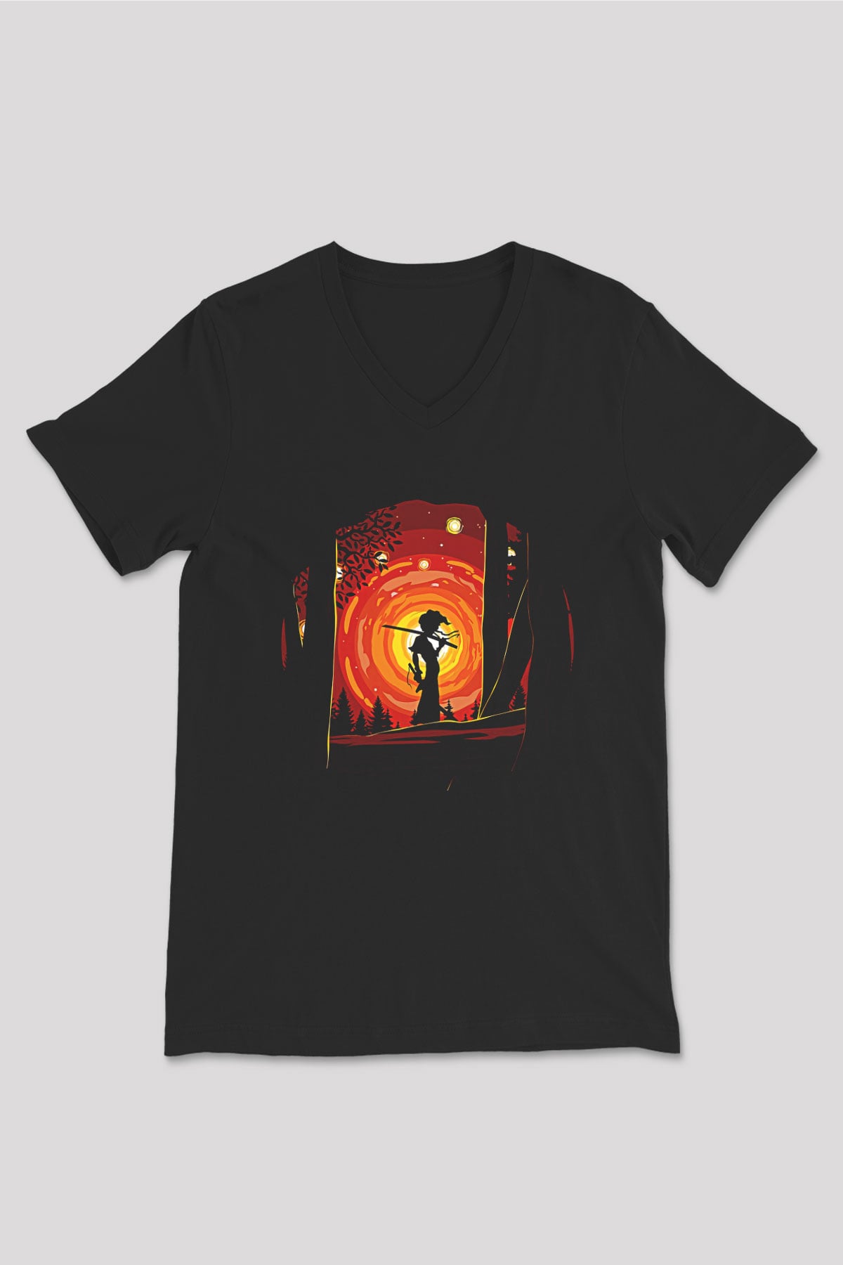 Afro Samurai Baskılı Unisex Siyah V Yaka Tişört - Tshirt