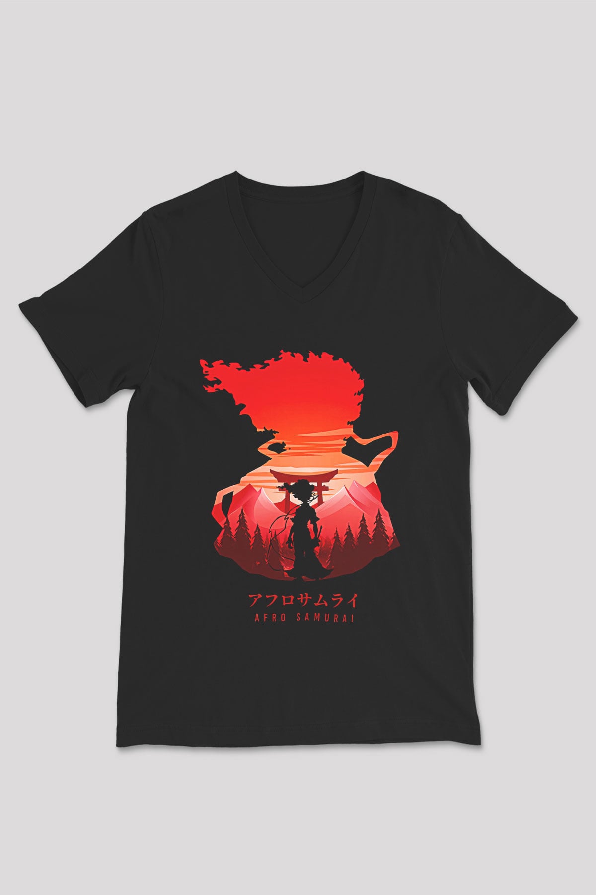 Afro Samurai Baskılı Unisex Siyah V Yaka Tişört - Tshirt