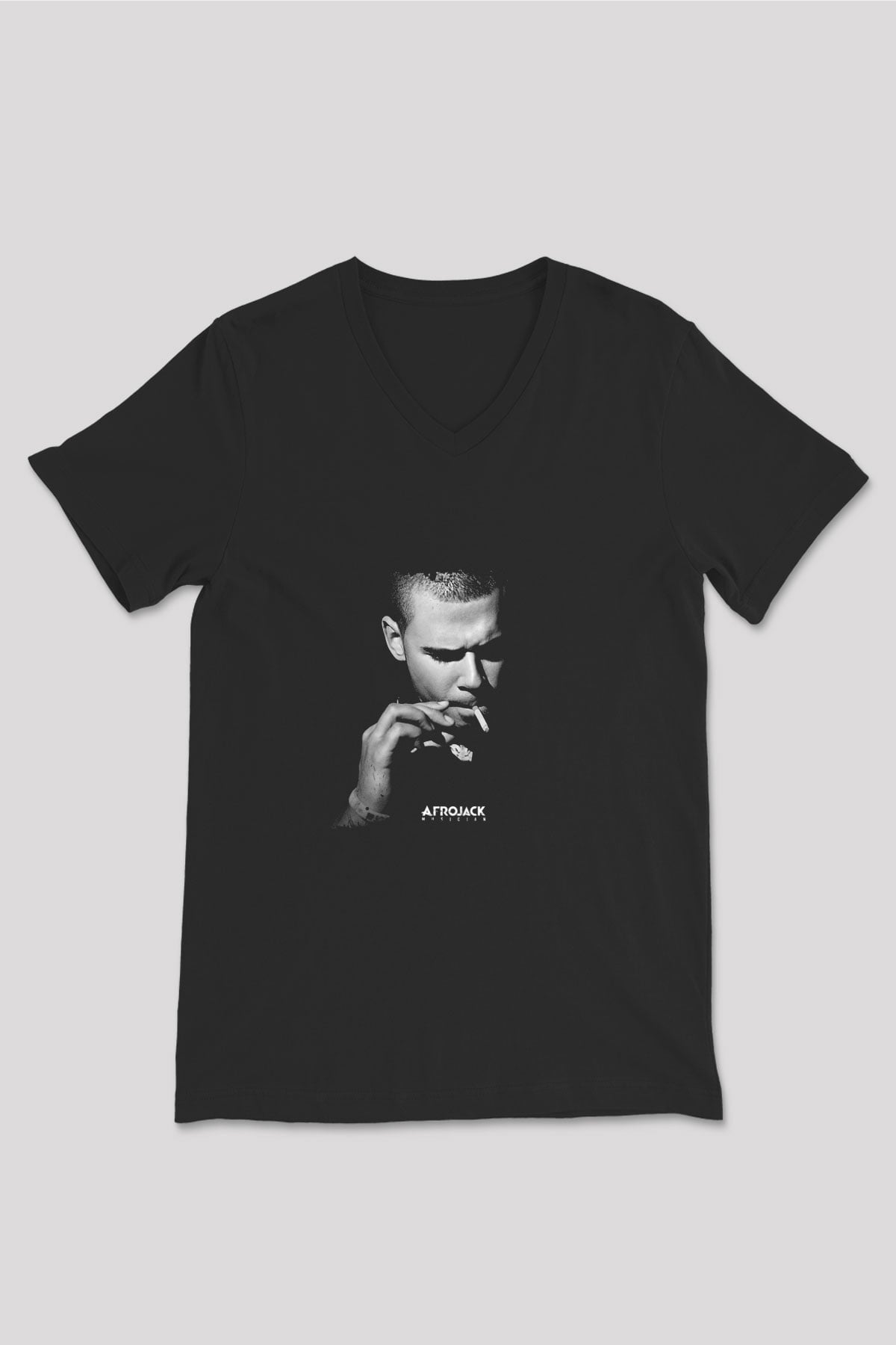 Afrojack Baskılı Unisex Siyah V Yaka Tişört
