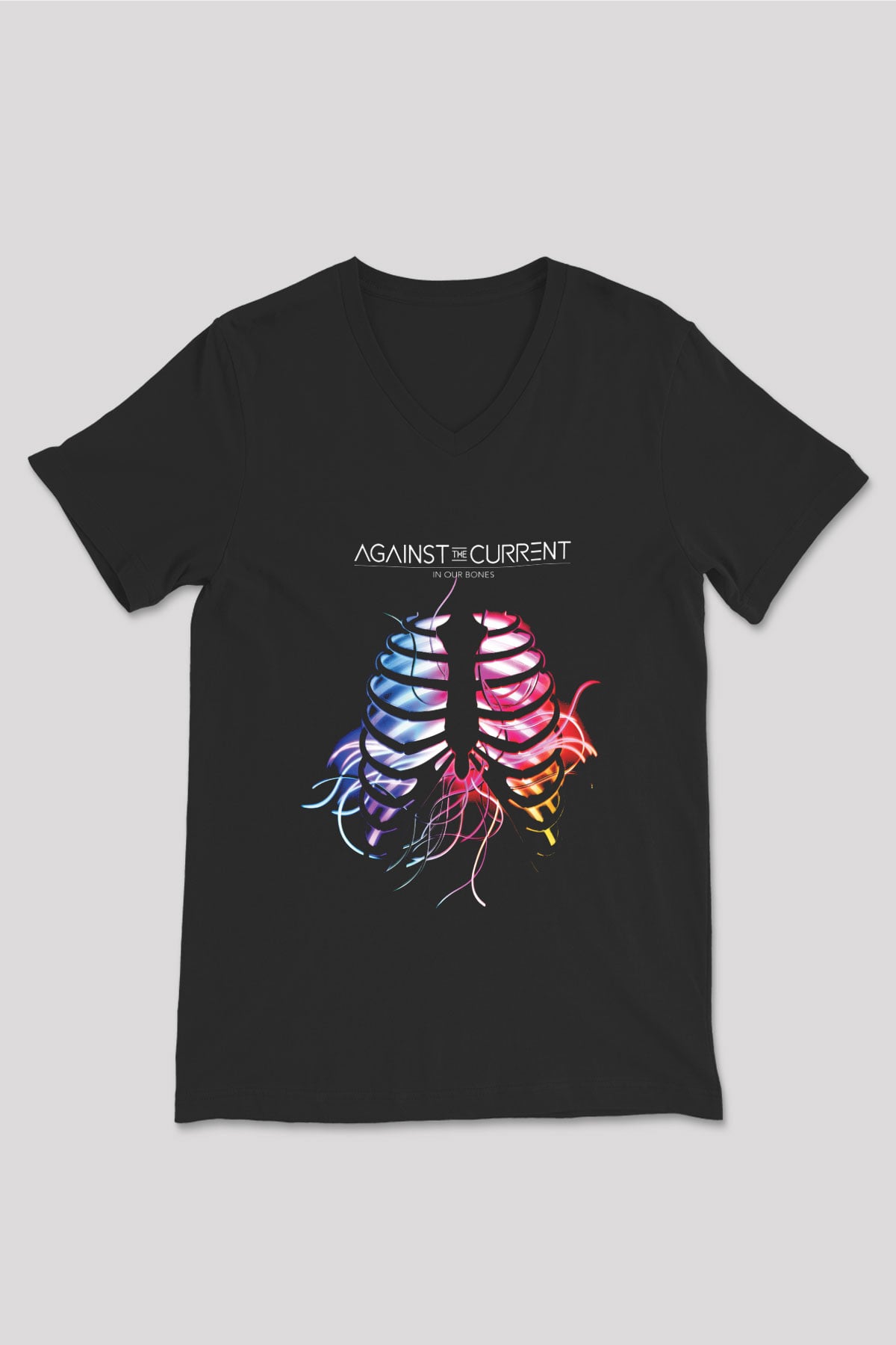 Against The Current Baskılı Unisex Siyah V Yaka Tişört