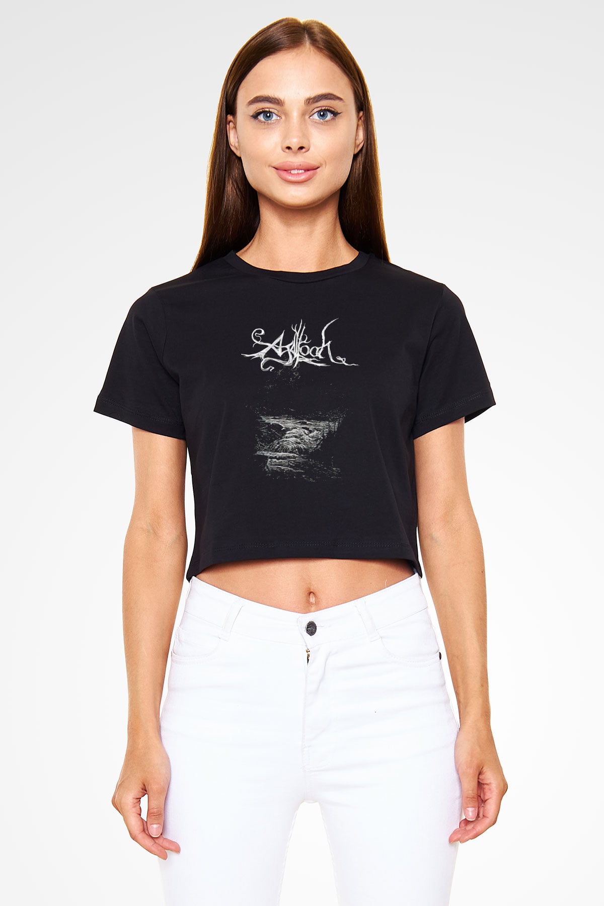 Agalloch Baskılı Siyah Crop Top Kadın Tişört - Tshirt