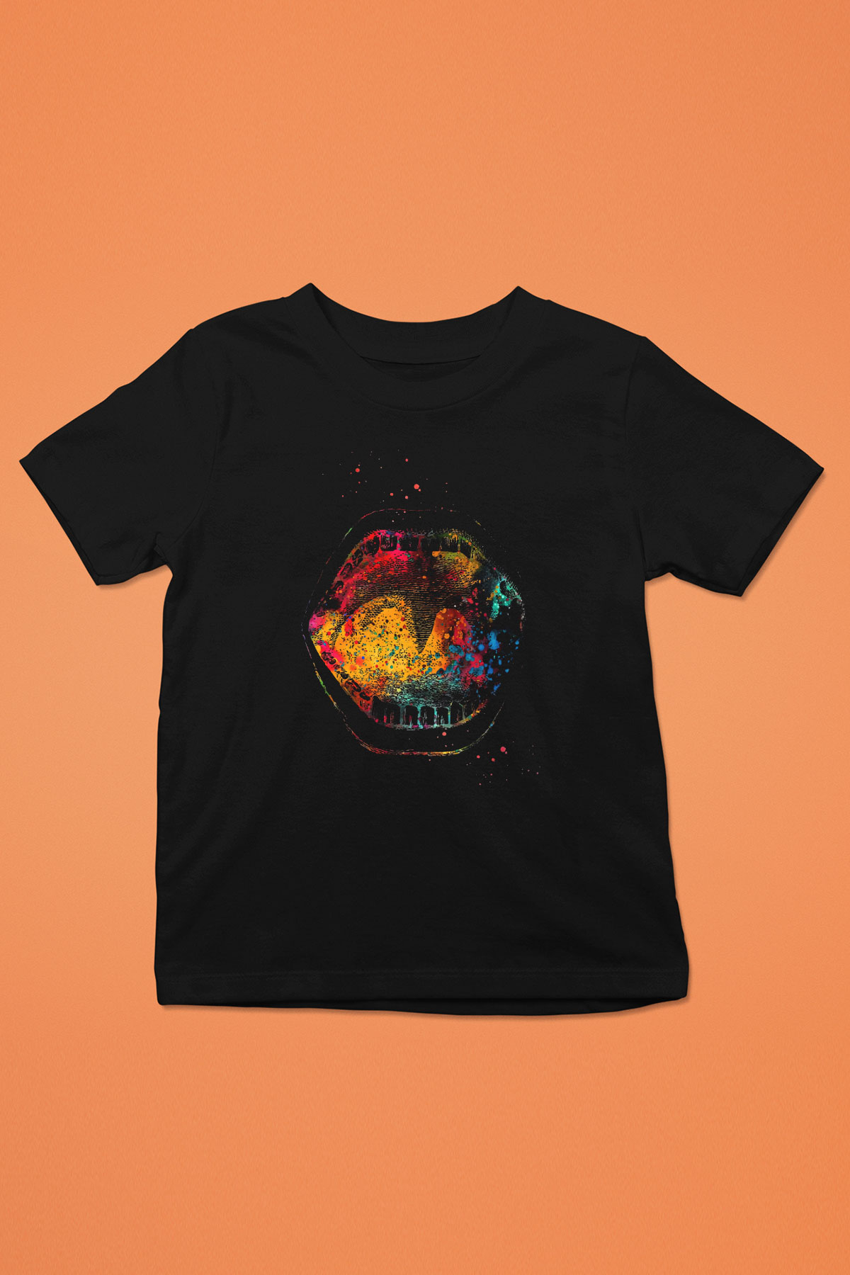 Ağız Renkli Baskılı Unisex Siyah Çocuk Tişörtü - Tshirt