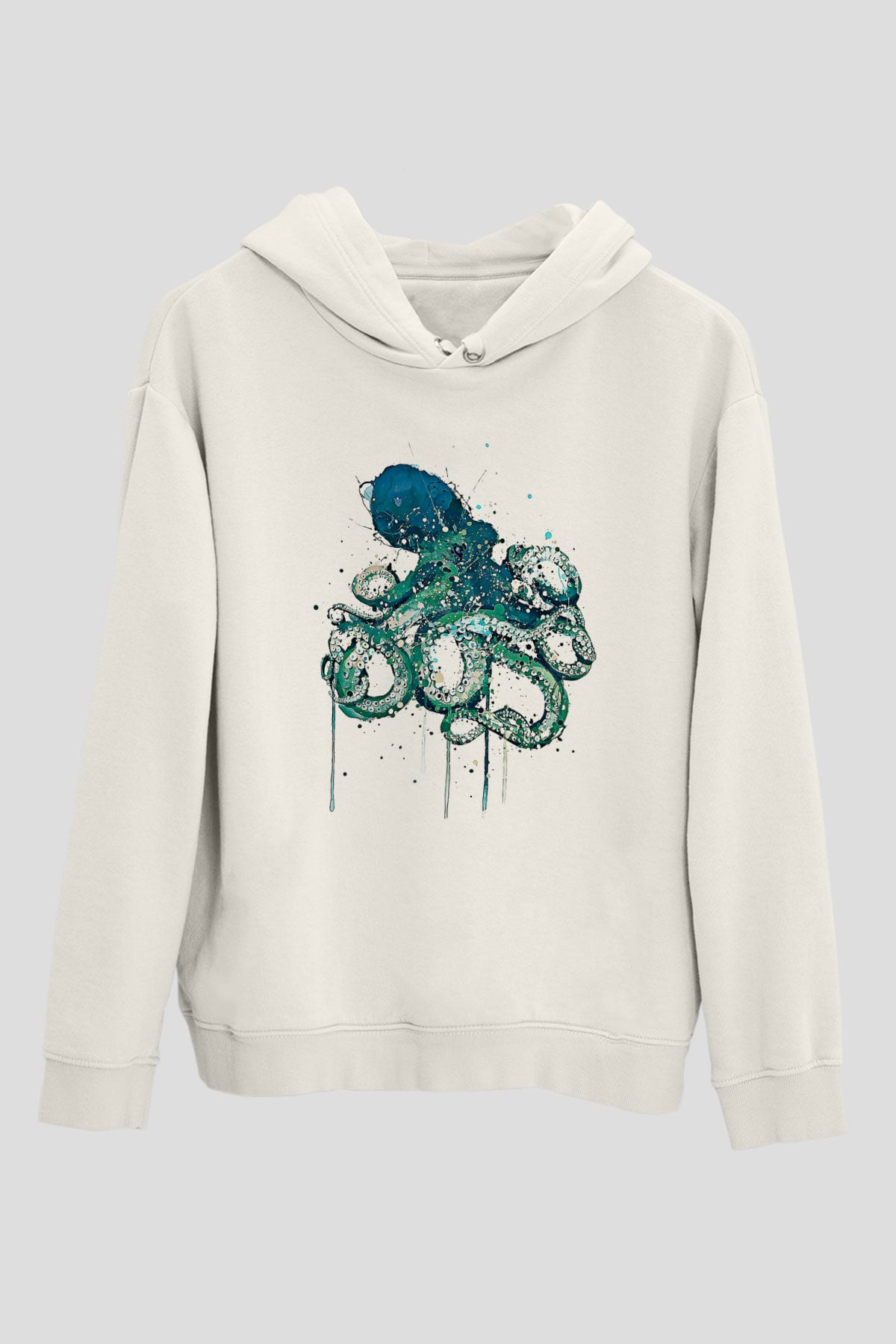 Ahtapot Baskılı Beyaz Unisex Hoodie
