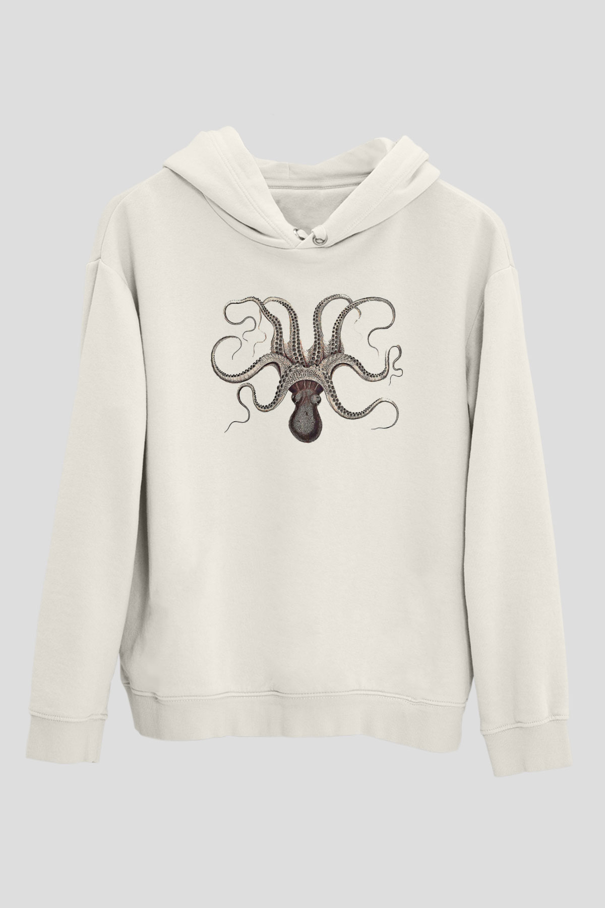 Ahtapot Baskılı Beyaz Unisex Hoodie