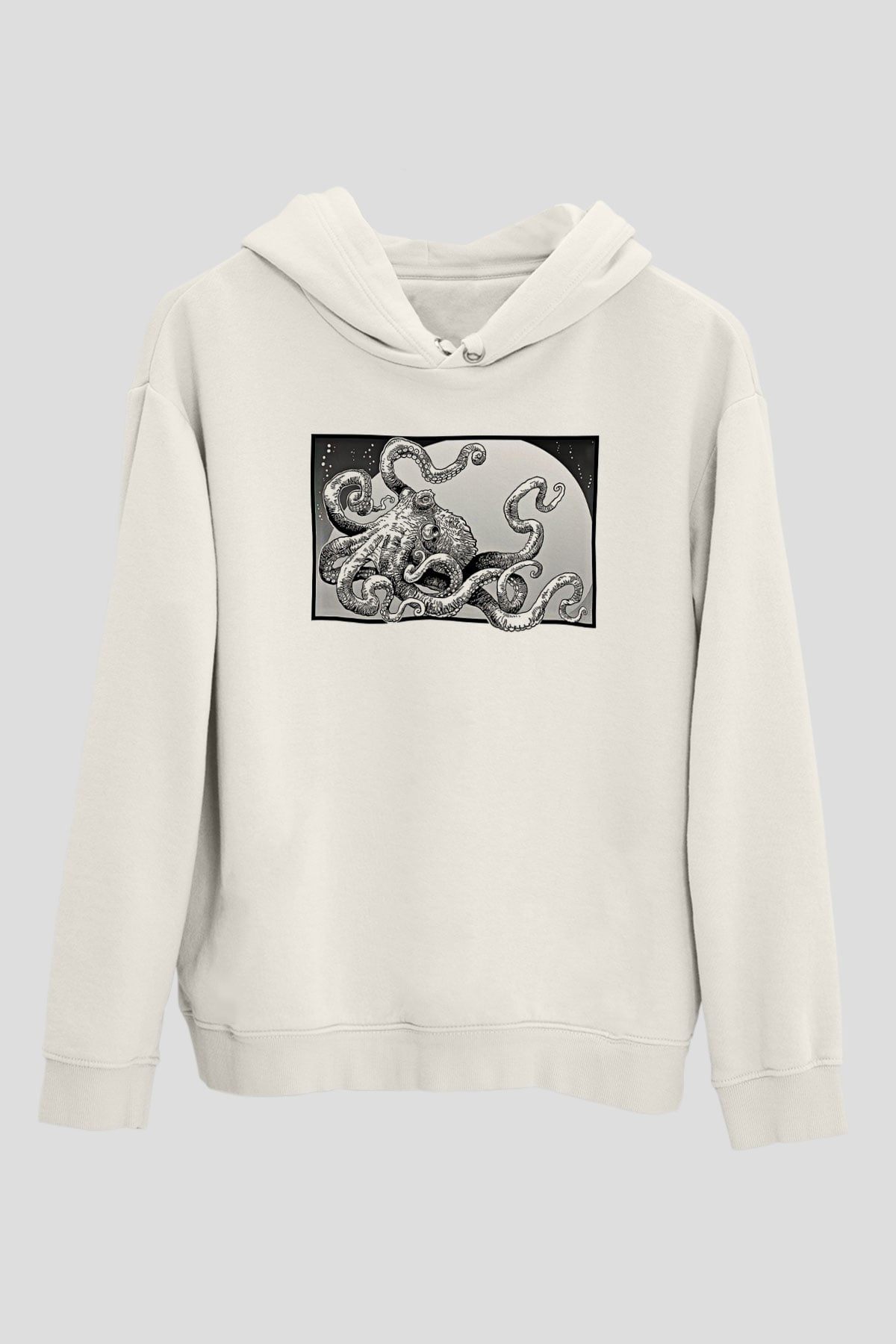 Ahtapot Baskılı Beyaz Unisex Hoodie