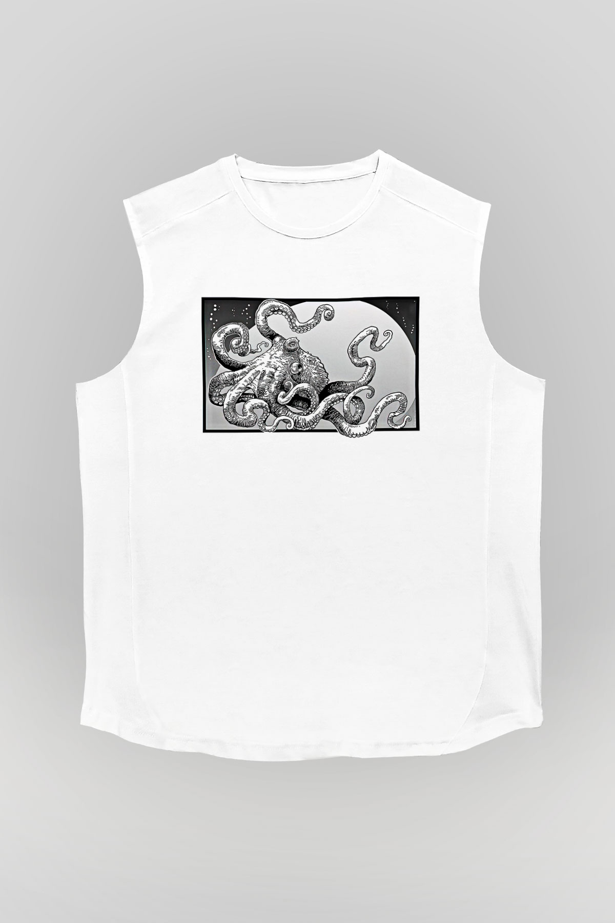 Ahtapot Baskılı Beyaz Unisex Kolsuz Tişört - Tshirt