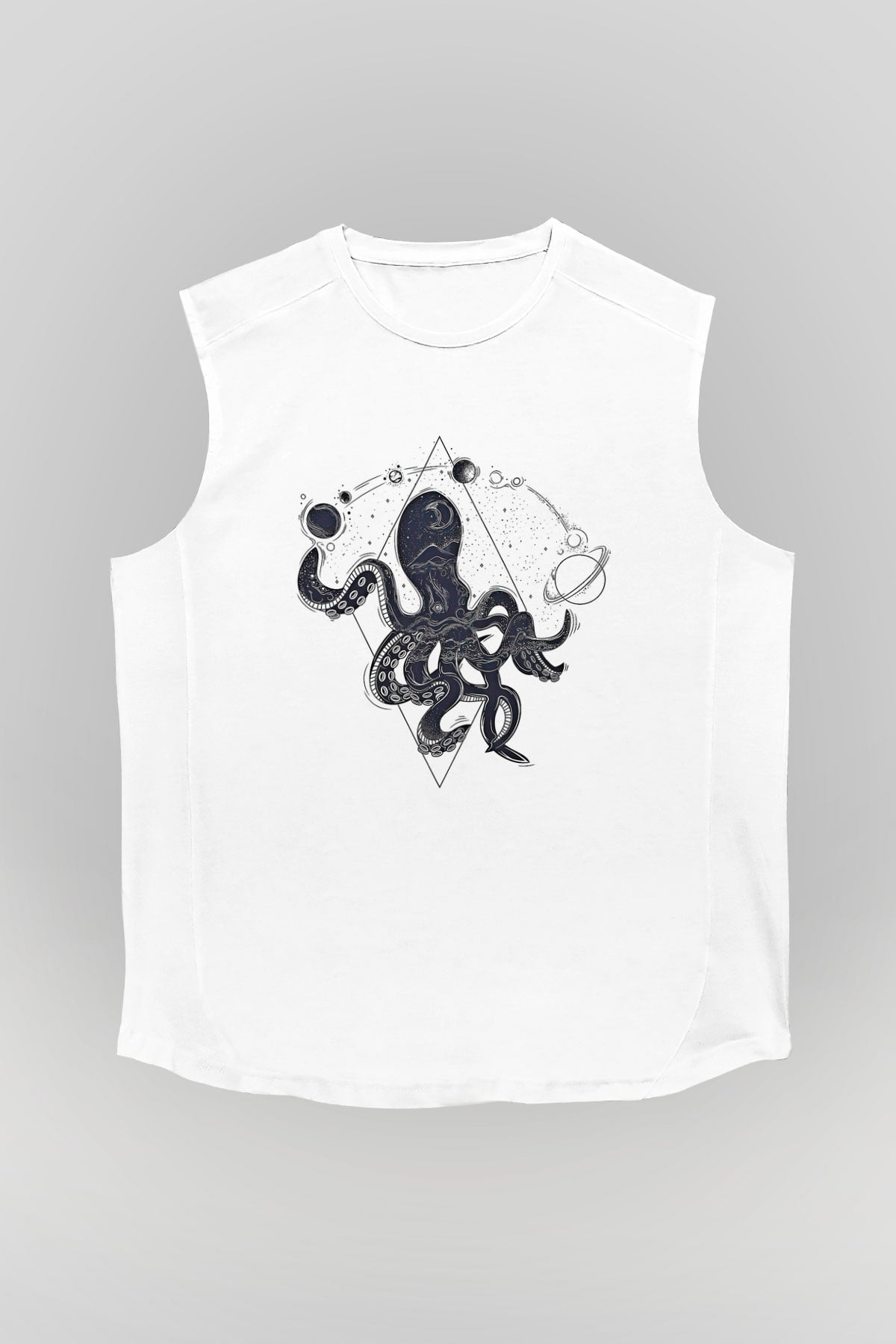 Ahtapot Baskılı Beyaz Unisex Kolsuz Tişört - Tshirt