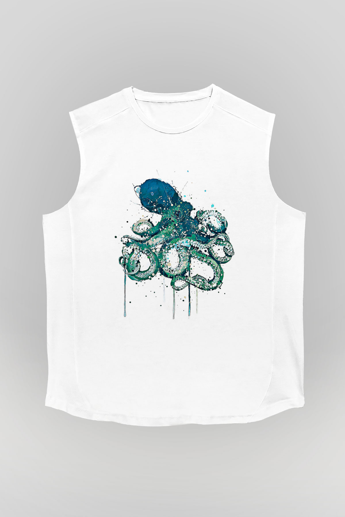 Ahtapot Baskılı Beyaz Unisex Kolsuz Tişört - Tshirt