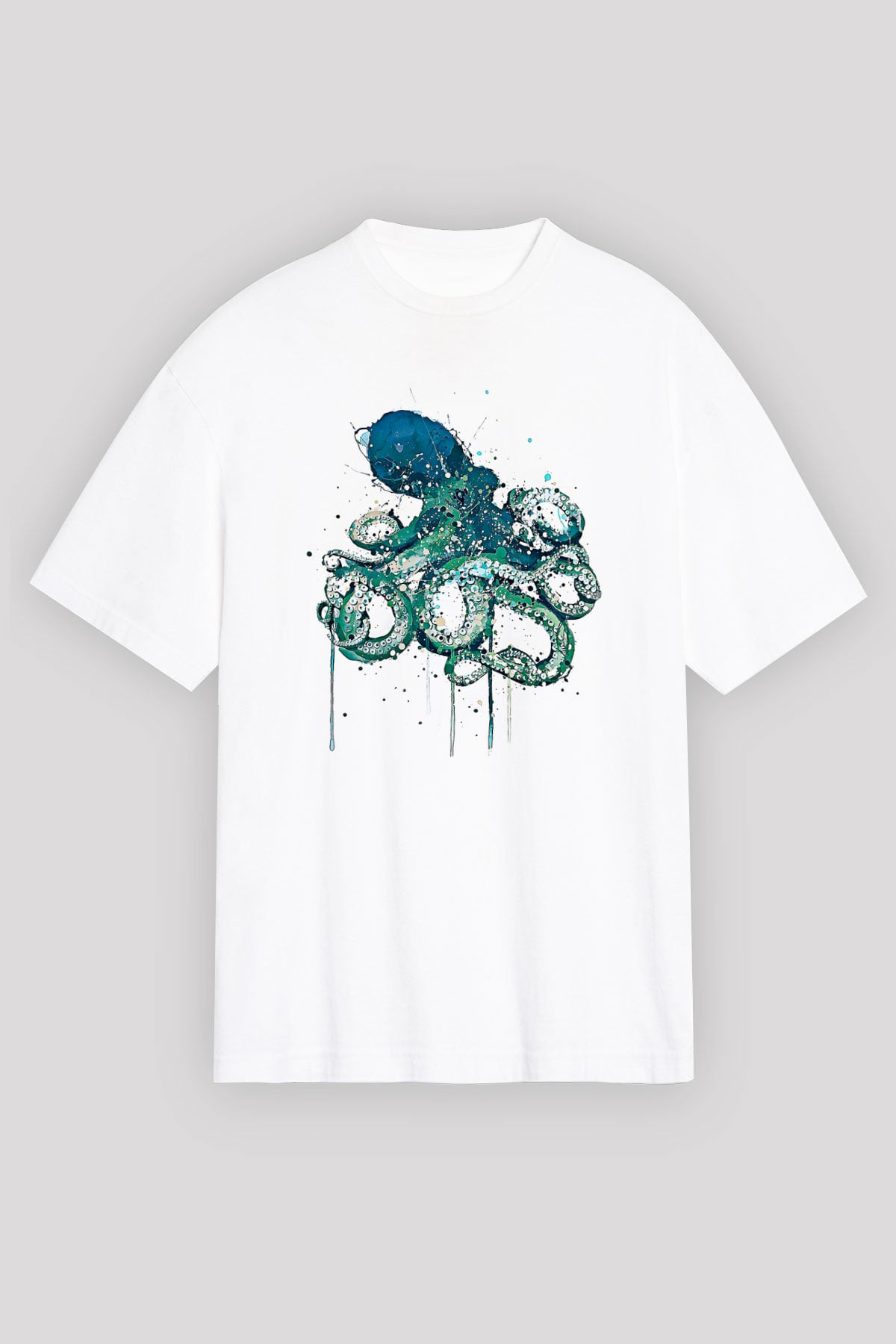 Ahtapot Baskılı Beyaz Unisex Oversize Tişört - Tshirt