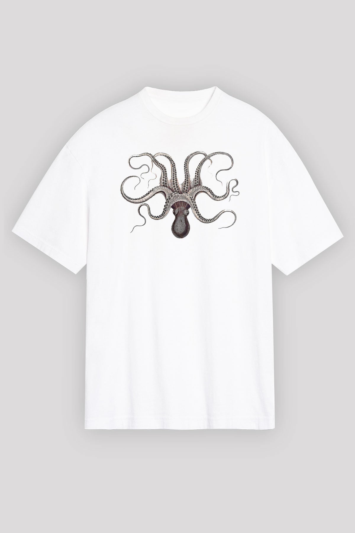 Ahtapot Baskılı Beyaz Unisex Oversize Tişört - Tshirt