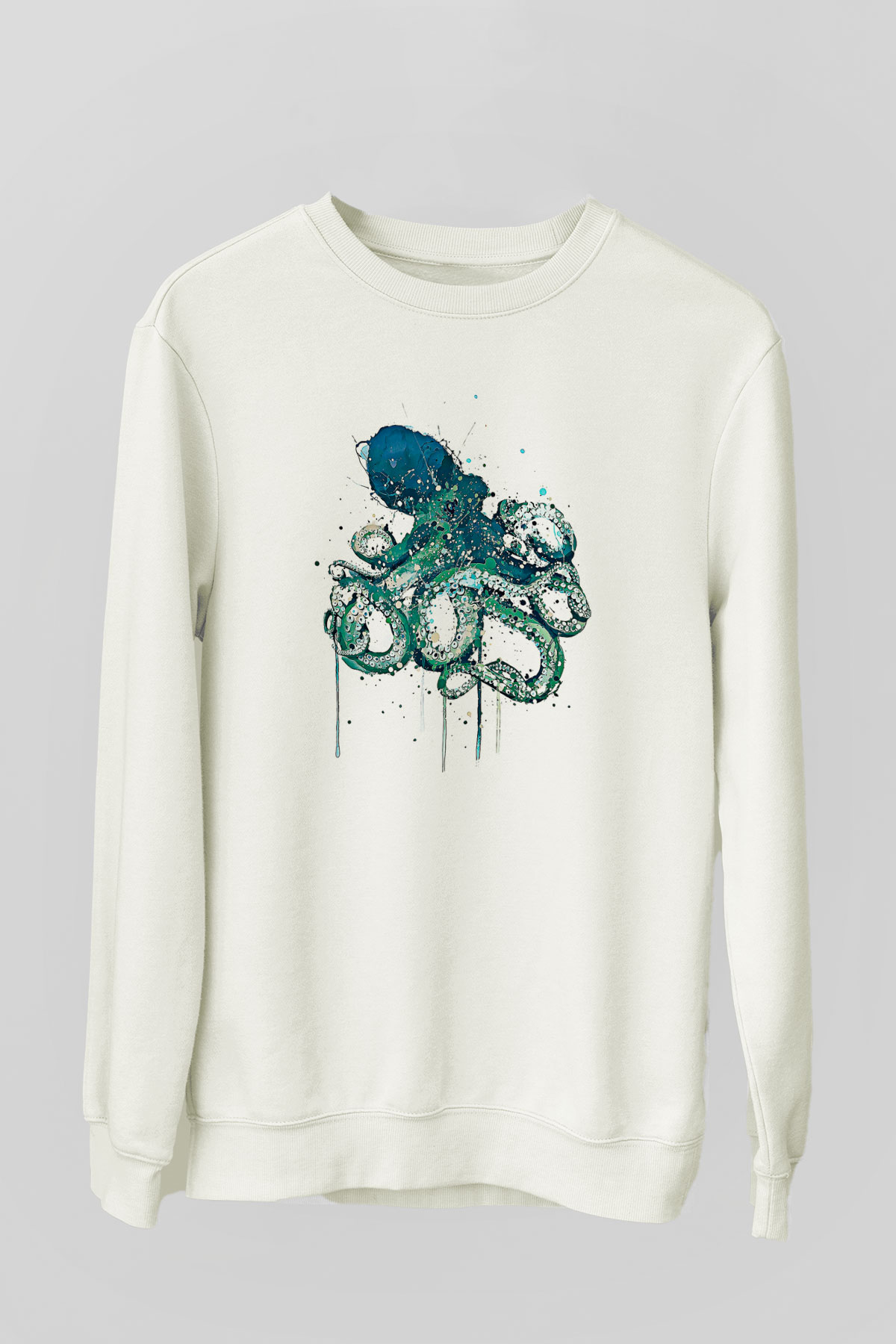 Ahtapot Baskılı Beyaz Unisex Sweatshirt