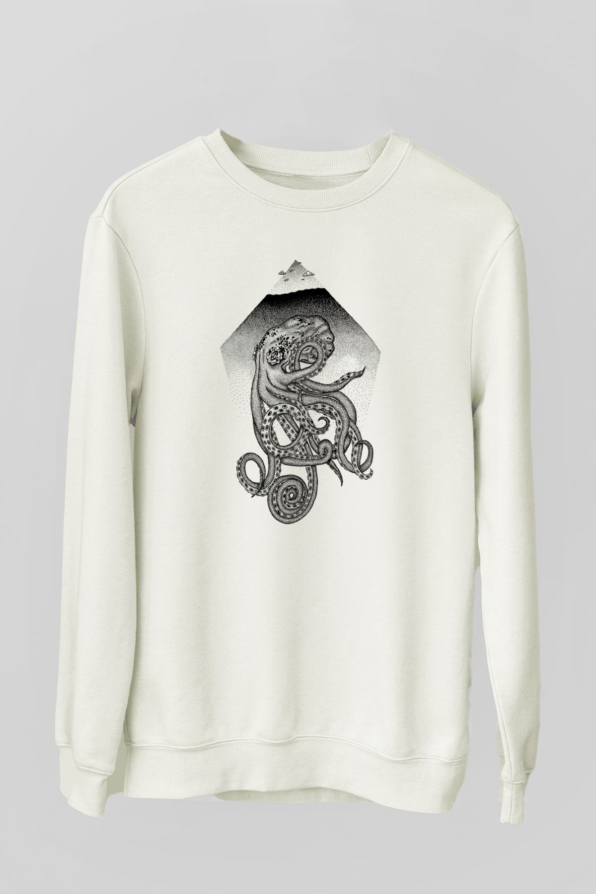 Ahtapot Baskılı Beyaz Unisex Sweatshirt
