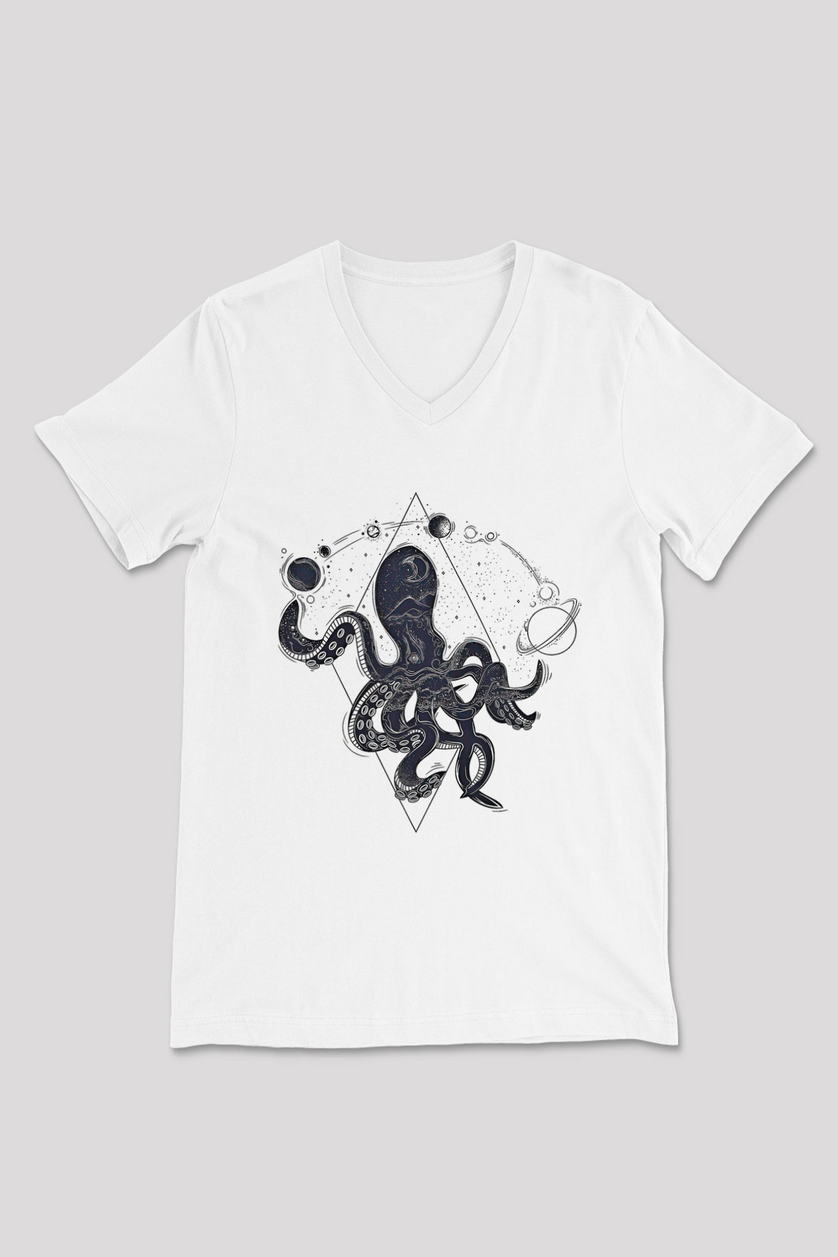 Ahtapot Baskılı Beyaz Unisex V Yaka Tişört - Tshirt