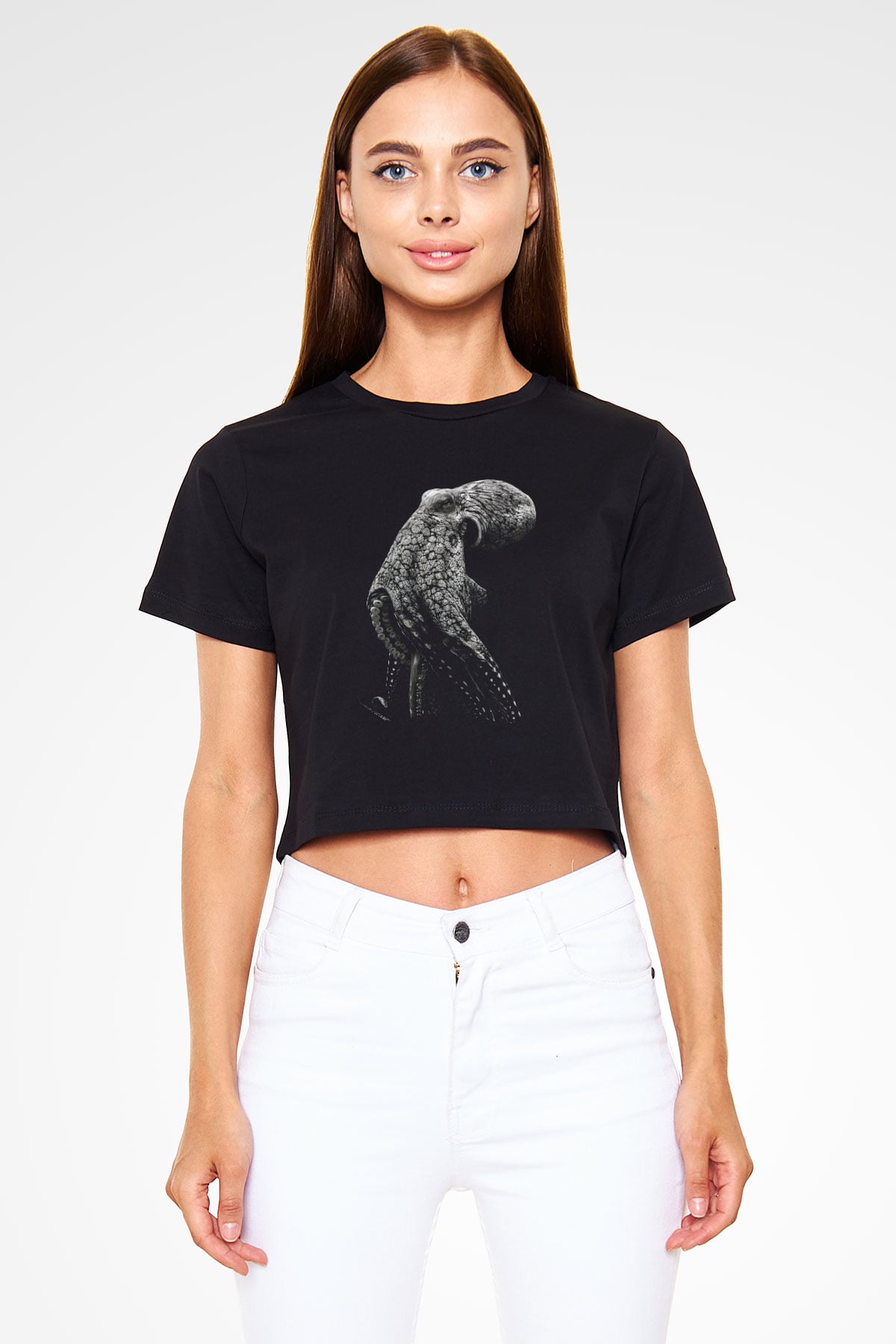Ahtapot Baskılı Siyah Crop Top Kadın Tişört - Tshirt