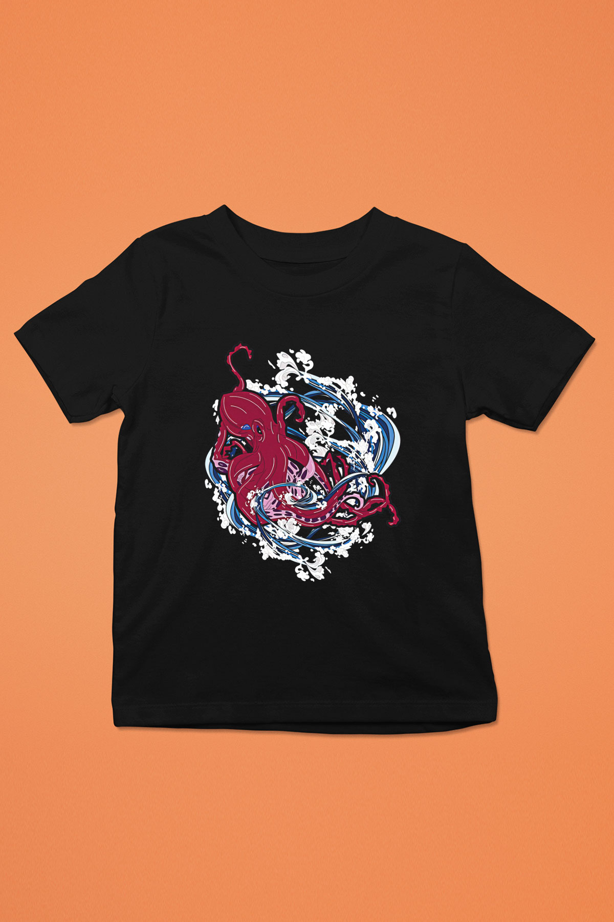 Ahtapot Baskılı Unisex Siyah Çocuk Tişört - Tshirt