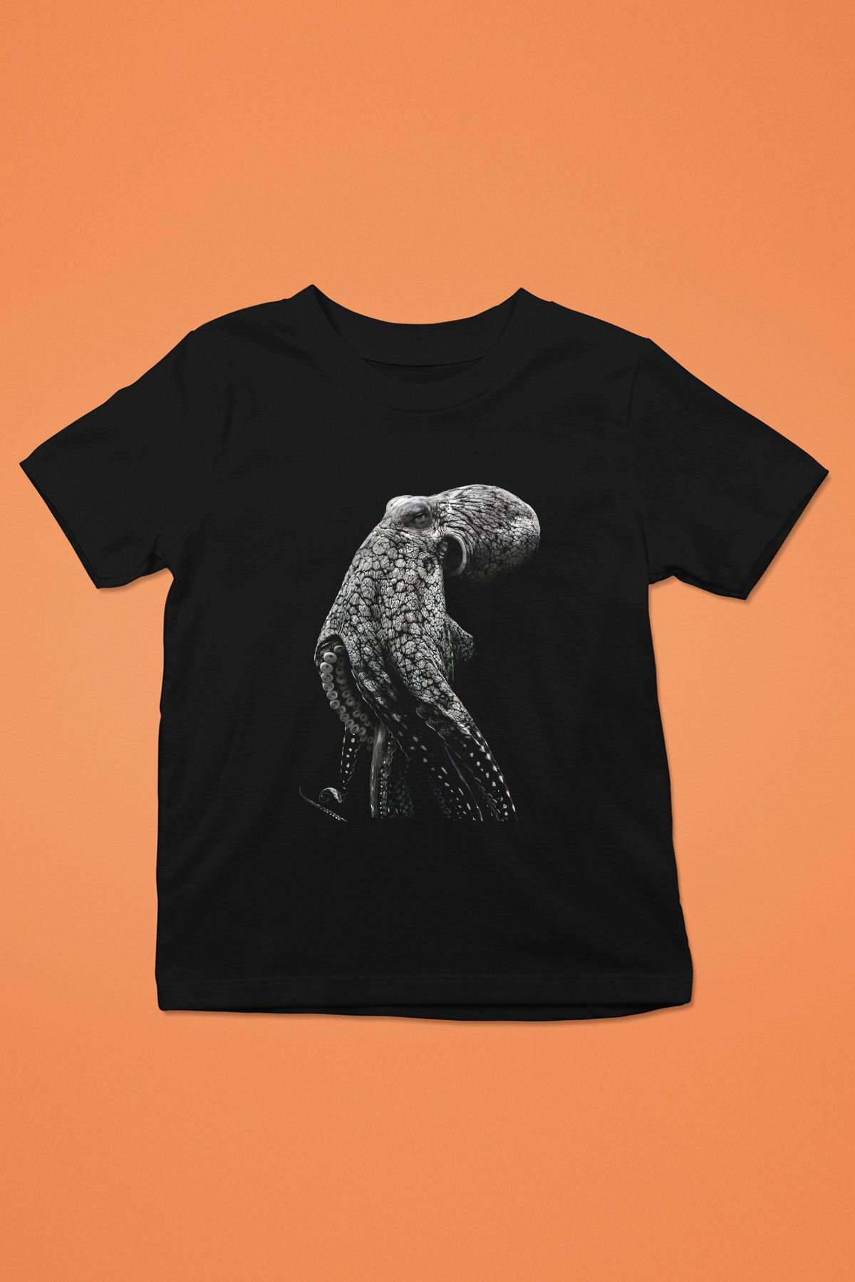 Ahtapot Baskılı Unisex Siyah Çocuk Tişört - Tshirt