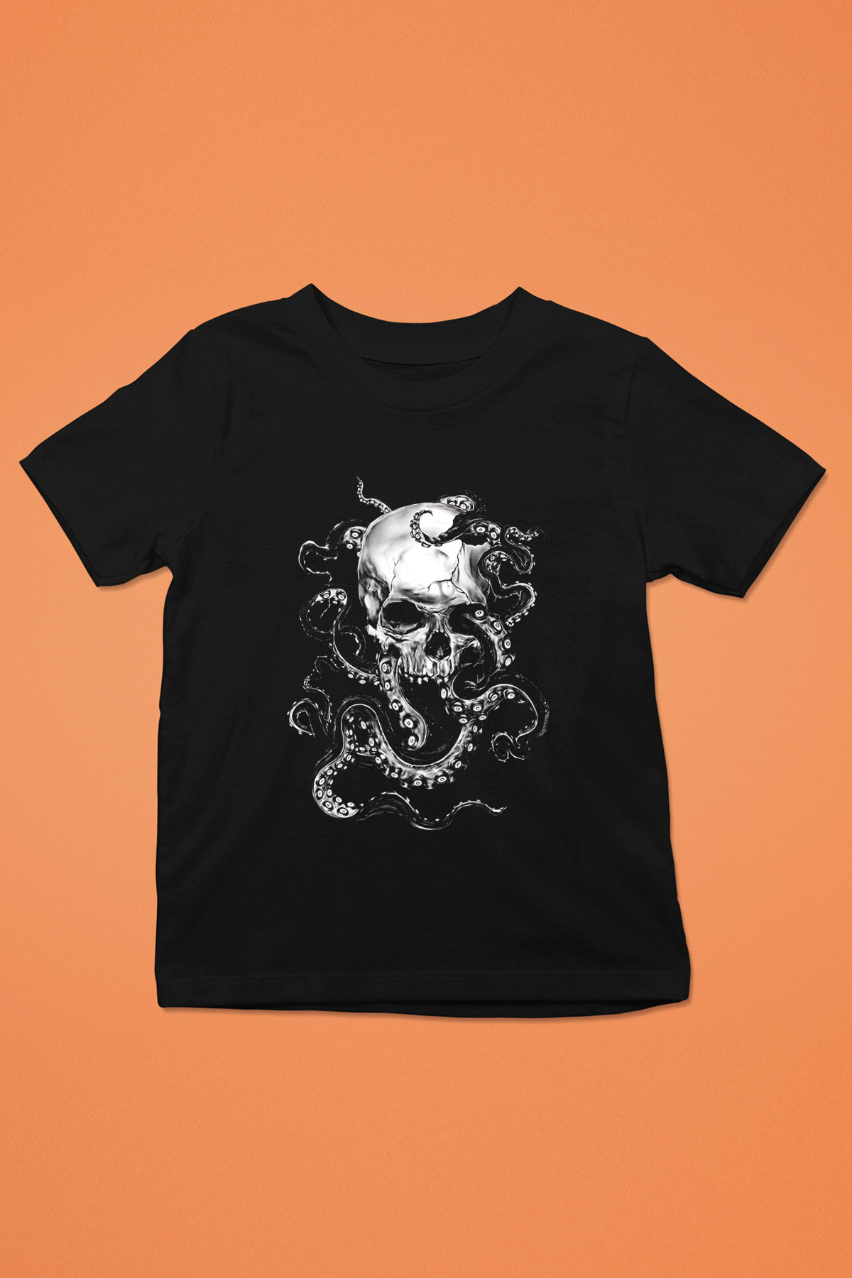 Ahtapot Baskılı Unisex Siyah Çocuk Tişört - Tshirt