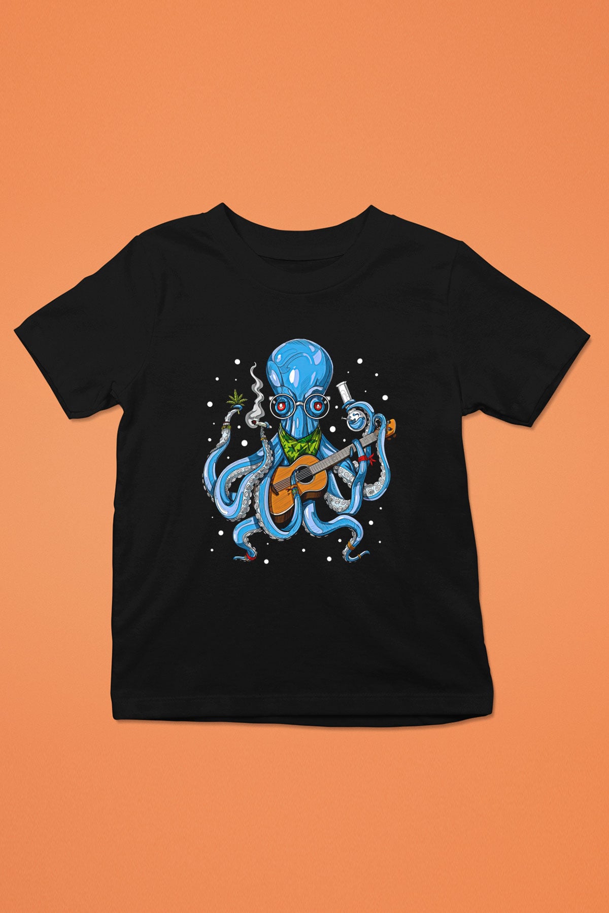 Ahtapot Baskılı Unisex Siyah Çocuk Tişört - Tshirt
