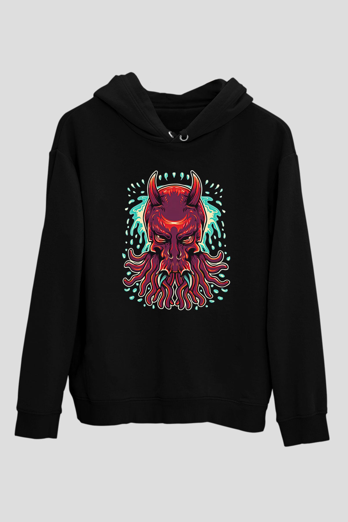 Ahtapot Baskılı Unisex Siyah Hoodie