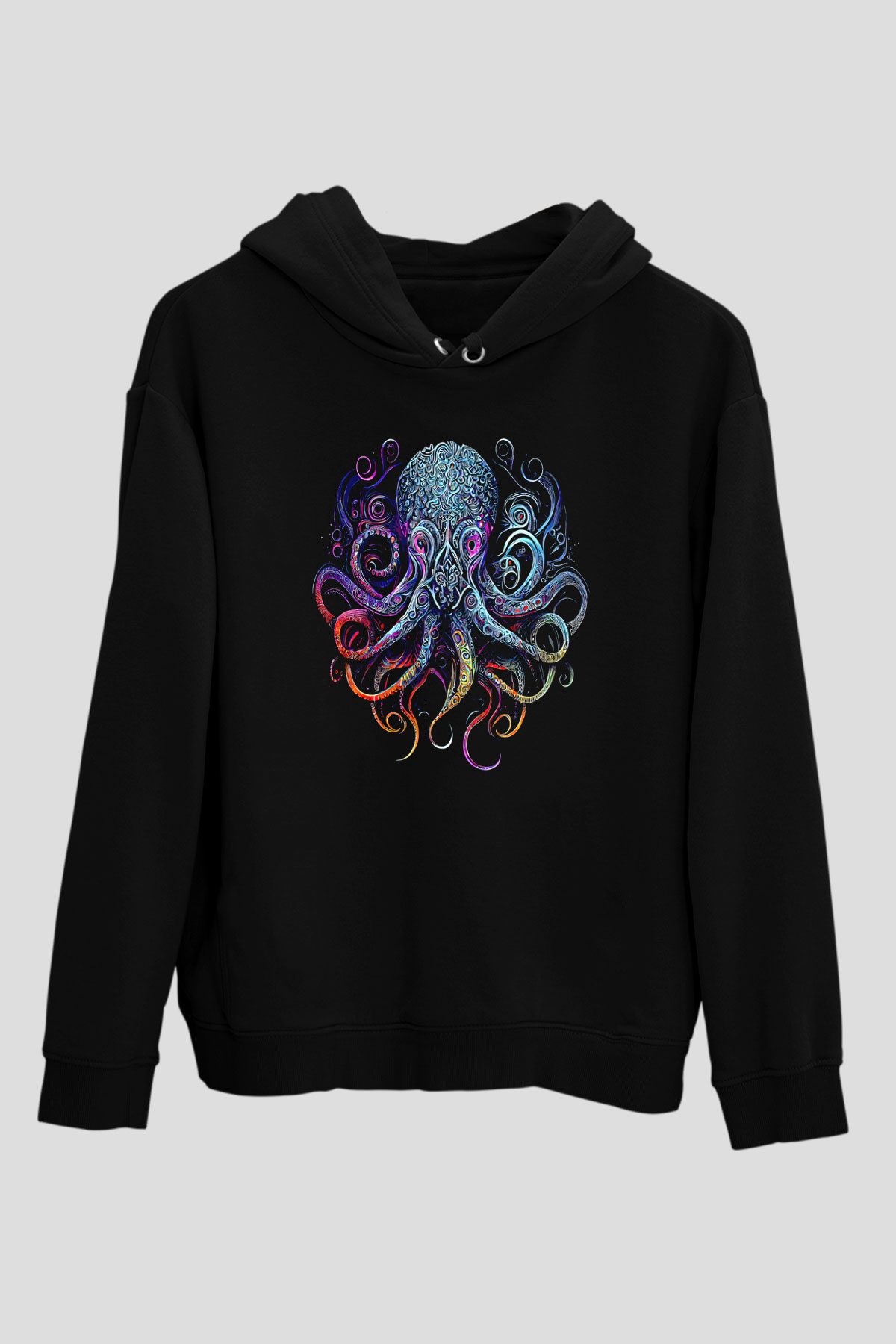 Ahtapot Baskılı Unisex Siyah Hoodie