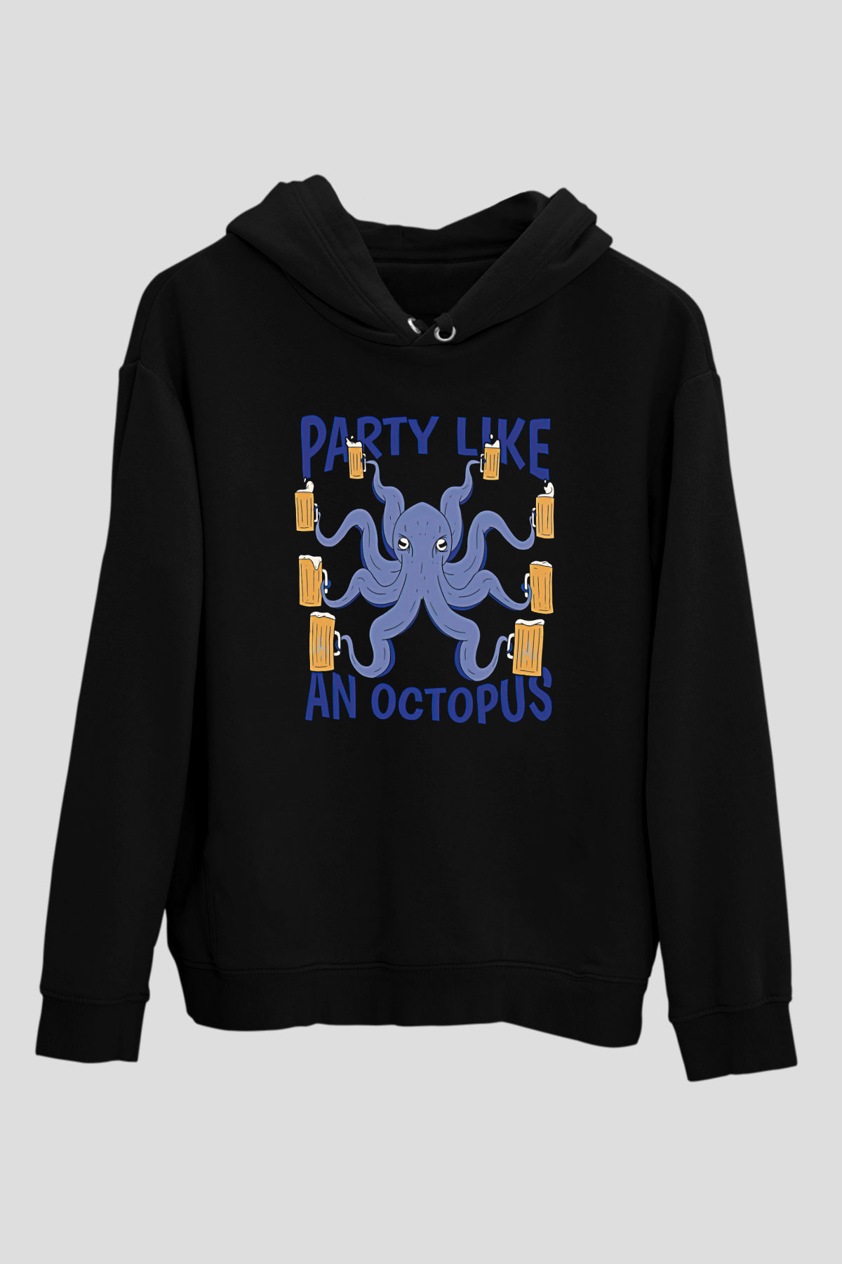 Ahtapot Baskılı Unisex Siyah Hoodie