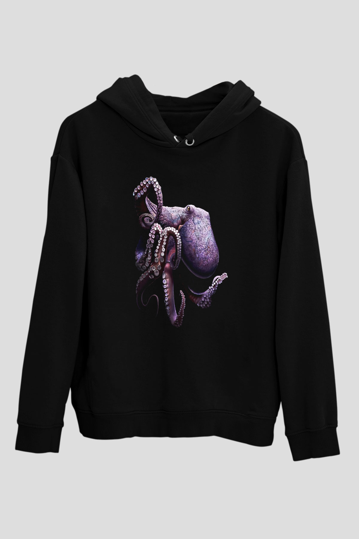 Ahtapot Baskılı Unisex Siyah Hoodie