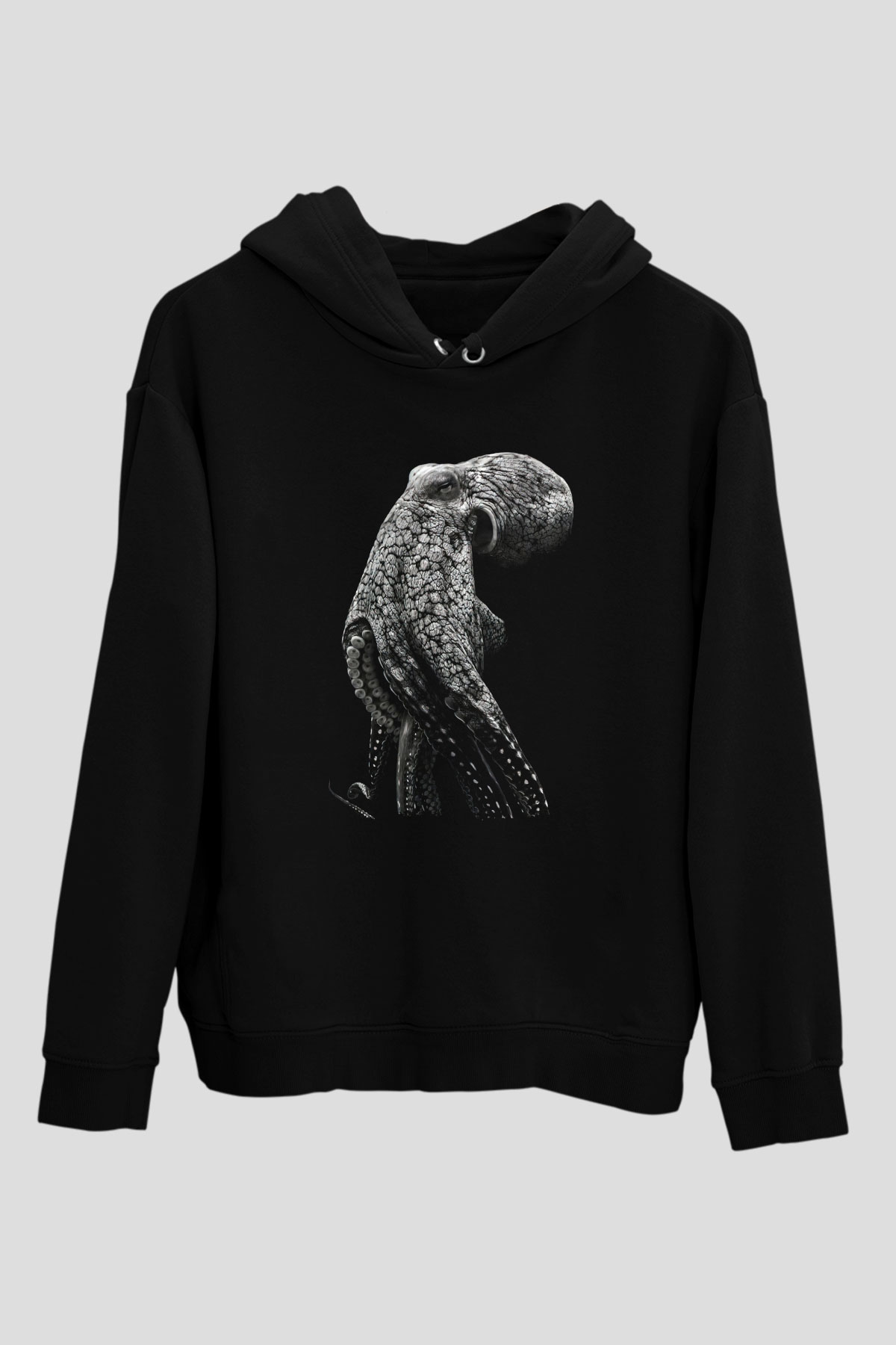 Ahtapot Baskılı Unisex Siyah Hoodie