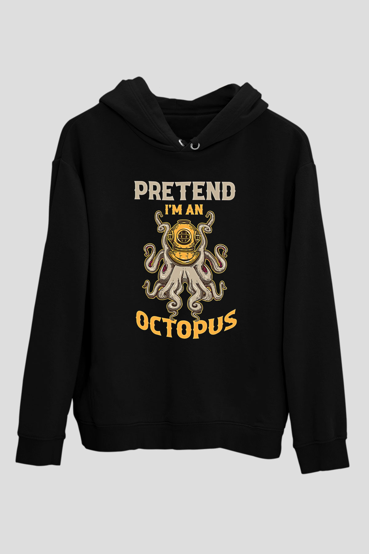 Ahtapot Baskılı Unisex Siyah Hoodie