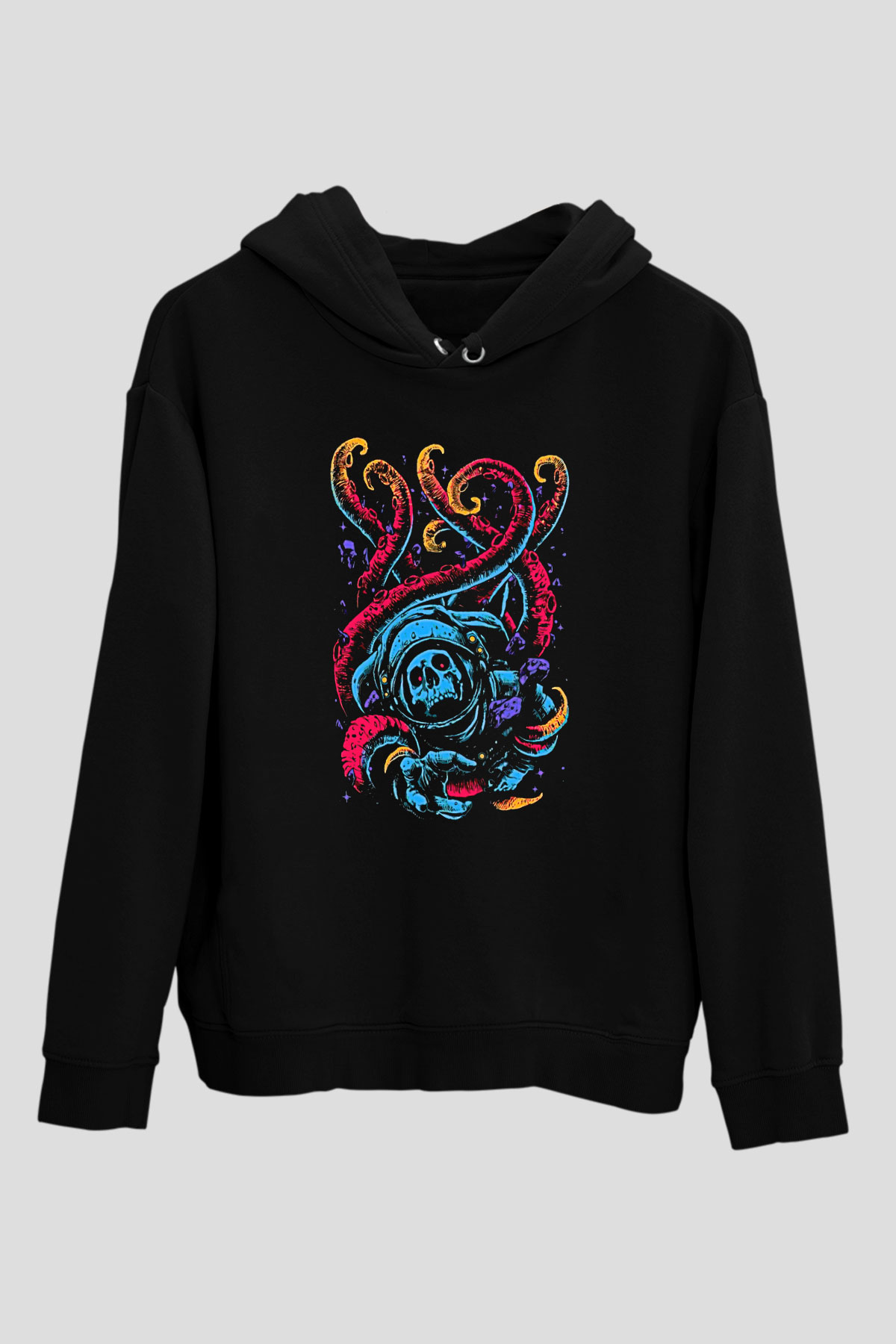 Ahtapot Baskılı Unisex Siyah Hoodie