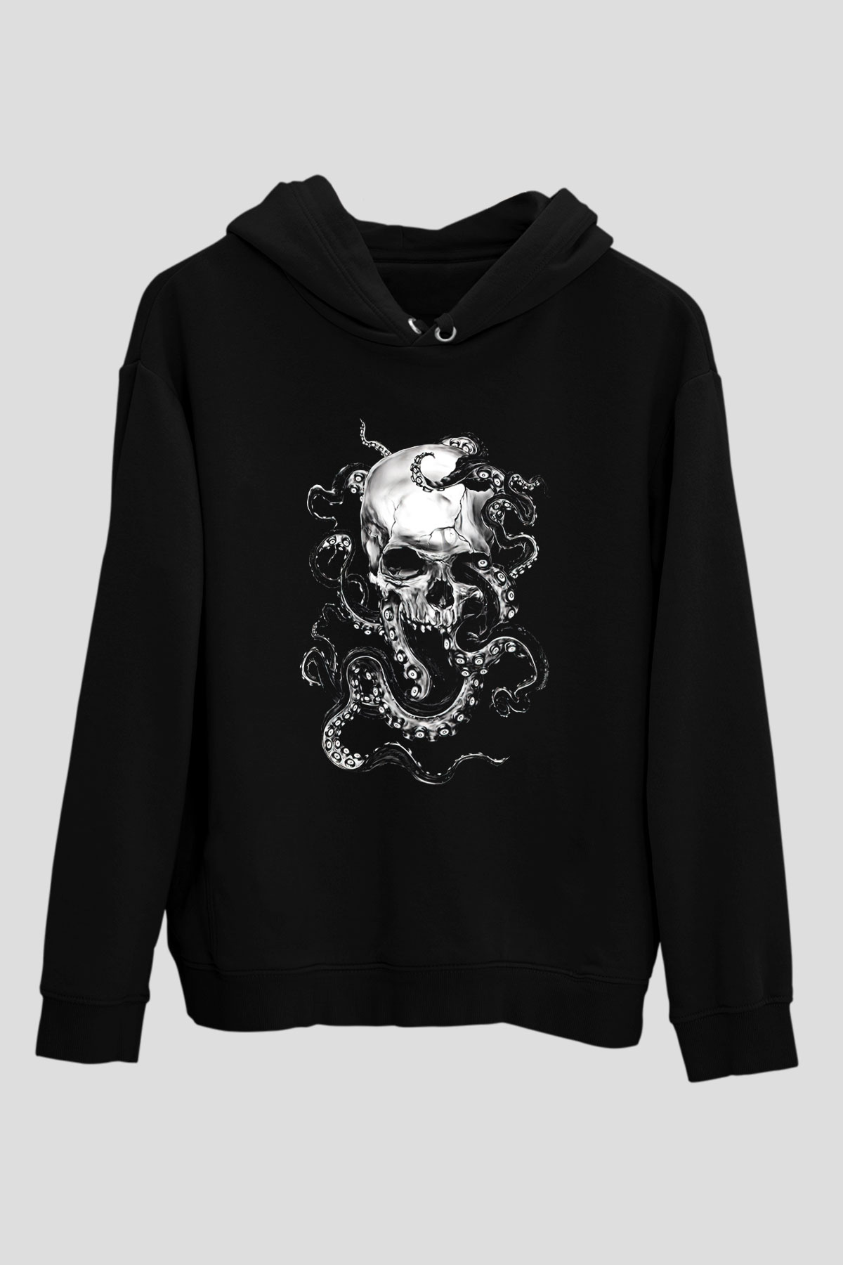 Ahtapot Baskılı Unisex Siyah Hoodie