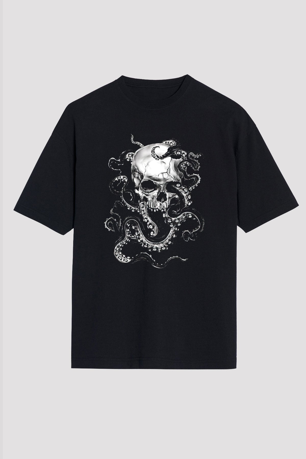 Ahtapot Baskılı Unisex Siyah Oversize Tişört - Tshirt