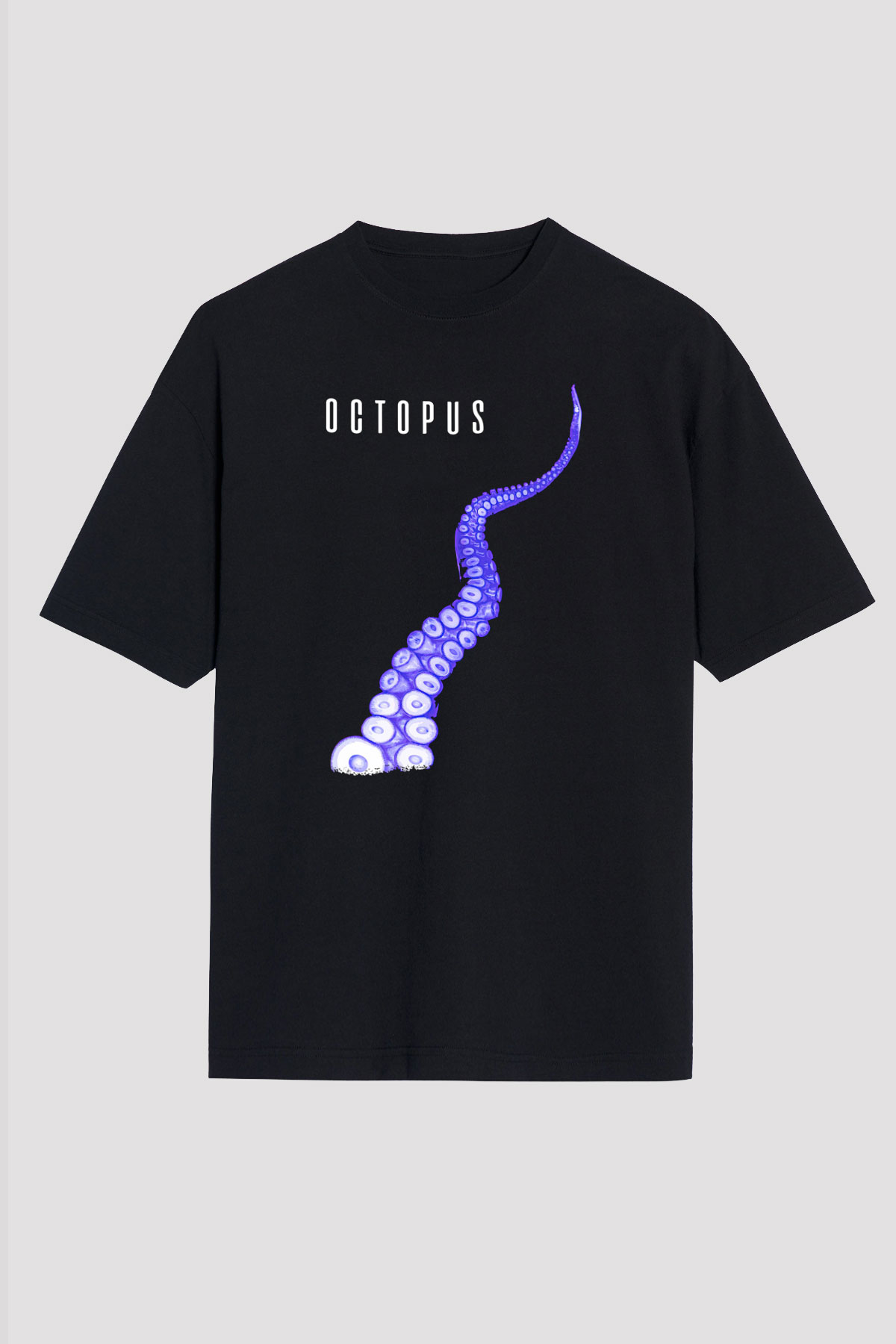 Ahtapot Baskılı Unisex Siyah Oversize Tişört - Tshirt