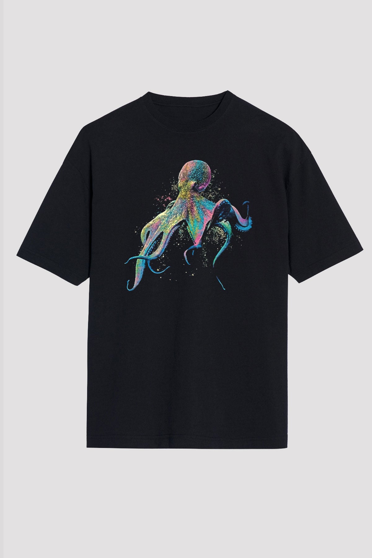 Ahtapot Baskılı Unisex Siyah Oversize Tişört - Tshirt