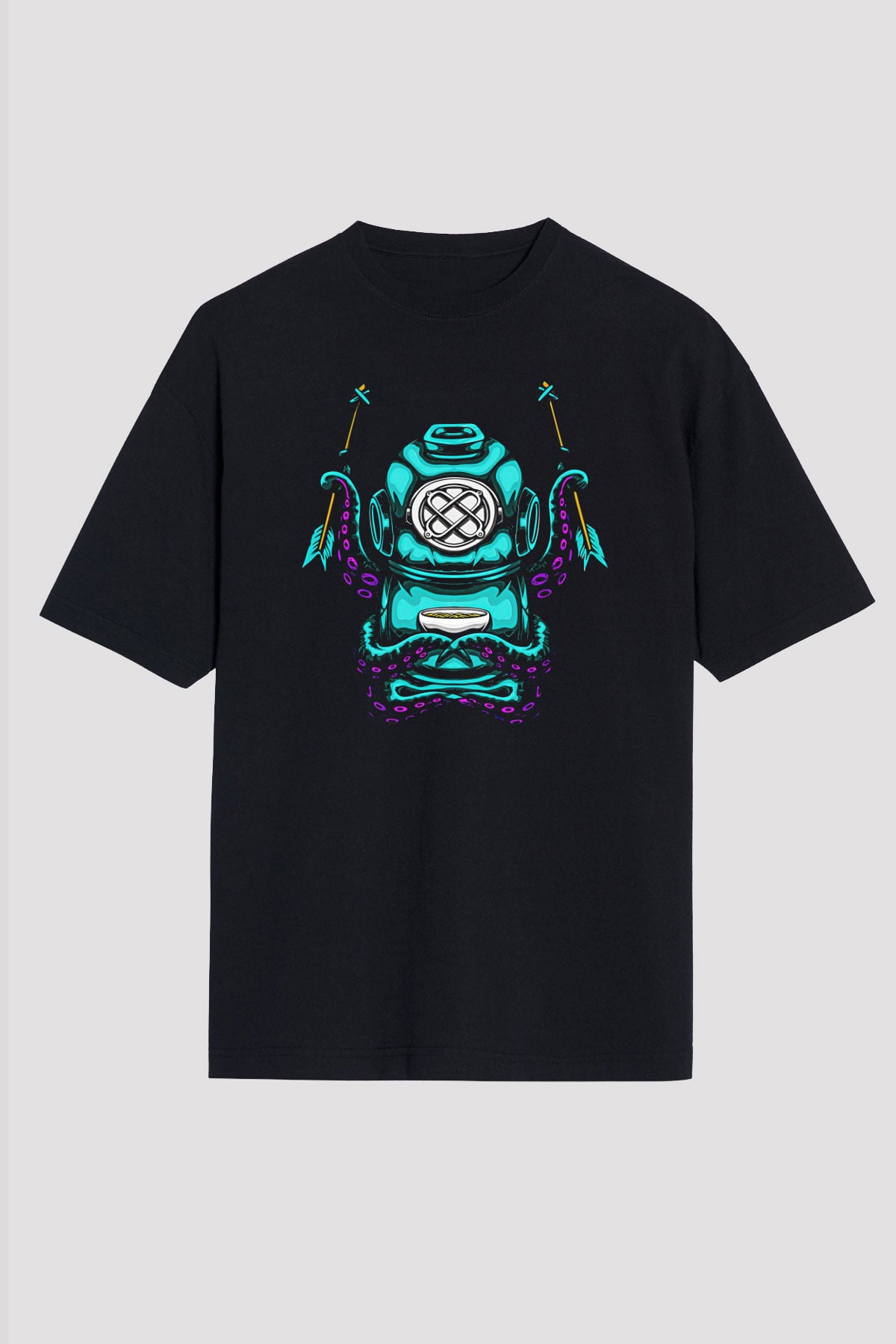 Ahtapot Baskılı Unisex Siyah Oversize Tişört - Tshirt