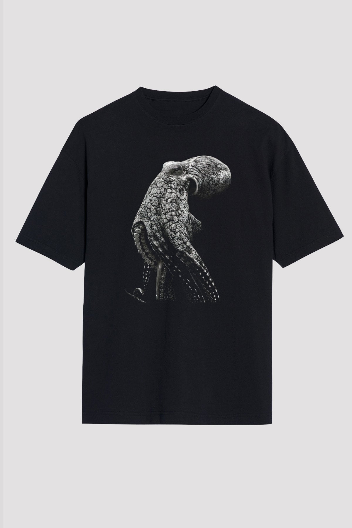 Ahtapot Baskılı Unisex Siyah Oversize Tişört - Tshirt