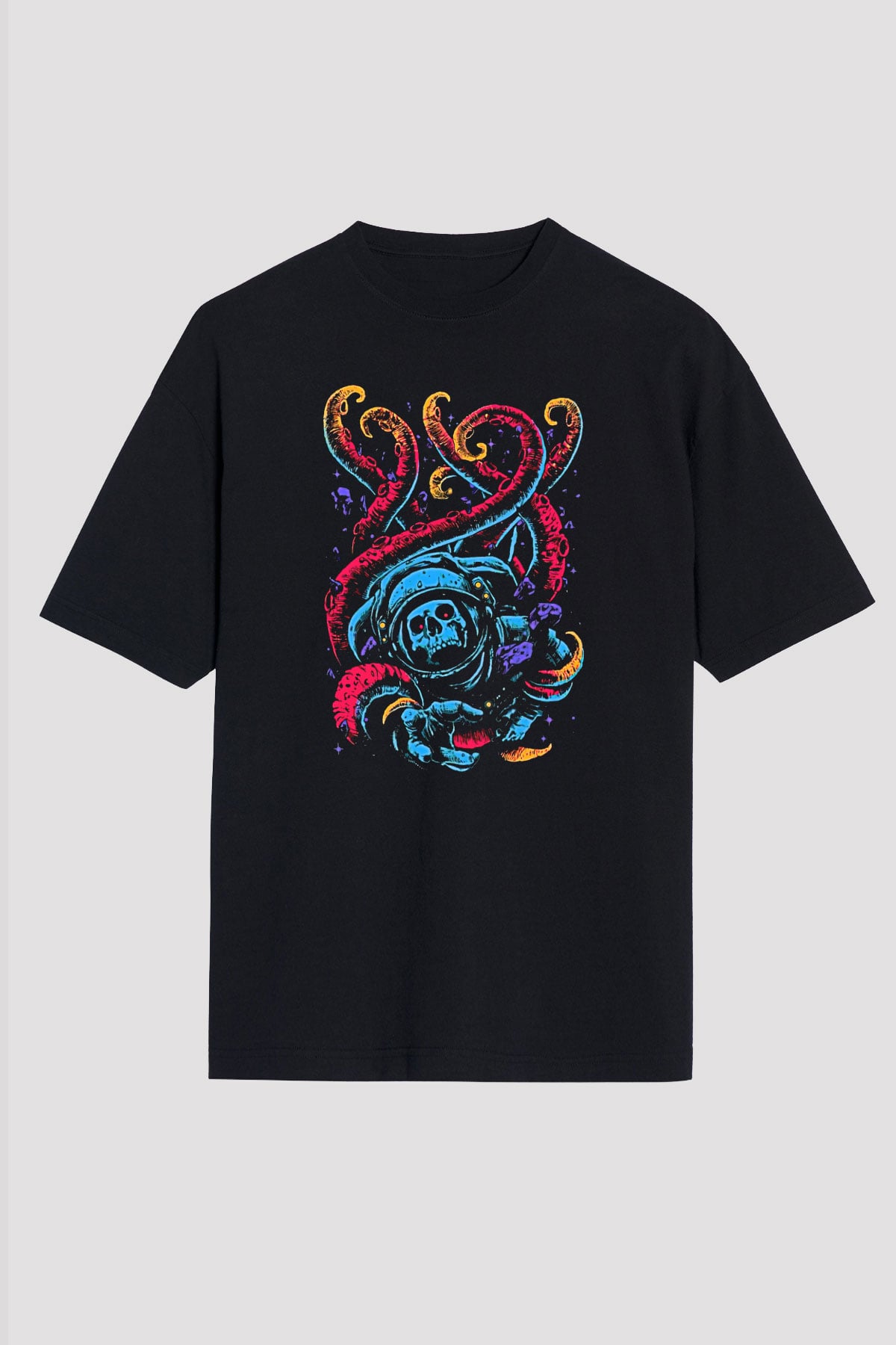 Ahtapot Baskılı Unisex Siyah Oversize Tişört - Tshirt