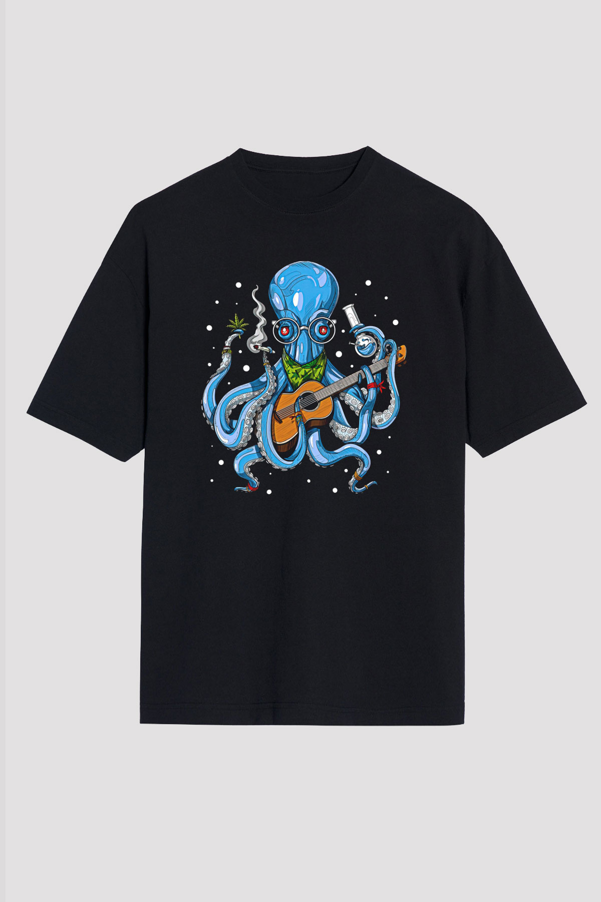 Ahtapot Baskılı Unisex Siyah Oversize Tişört - Tshirt
