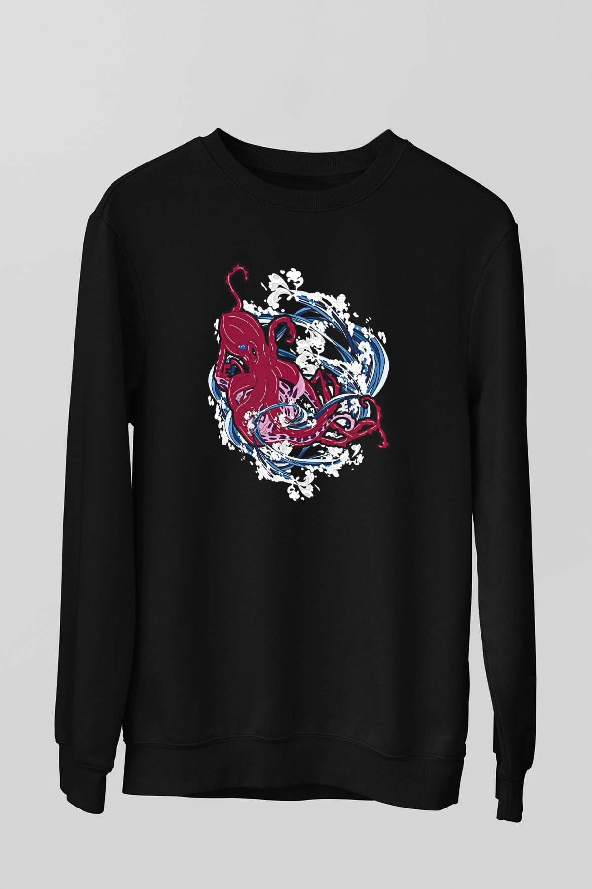 Ahtapot Baskılı Unisex Siyah Sweatshirt